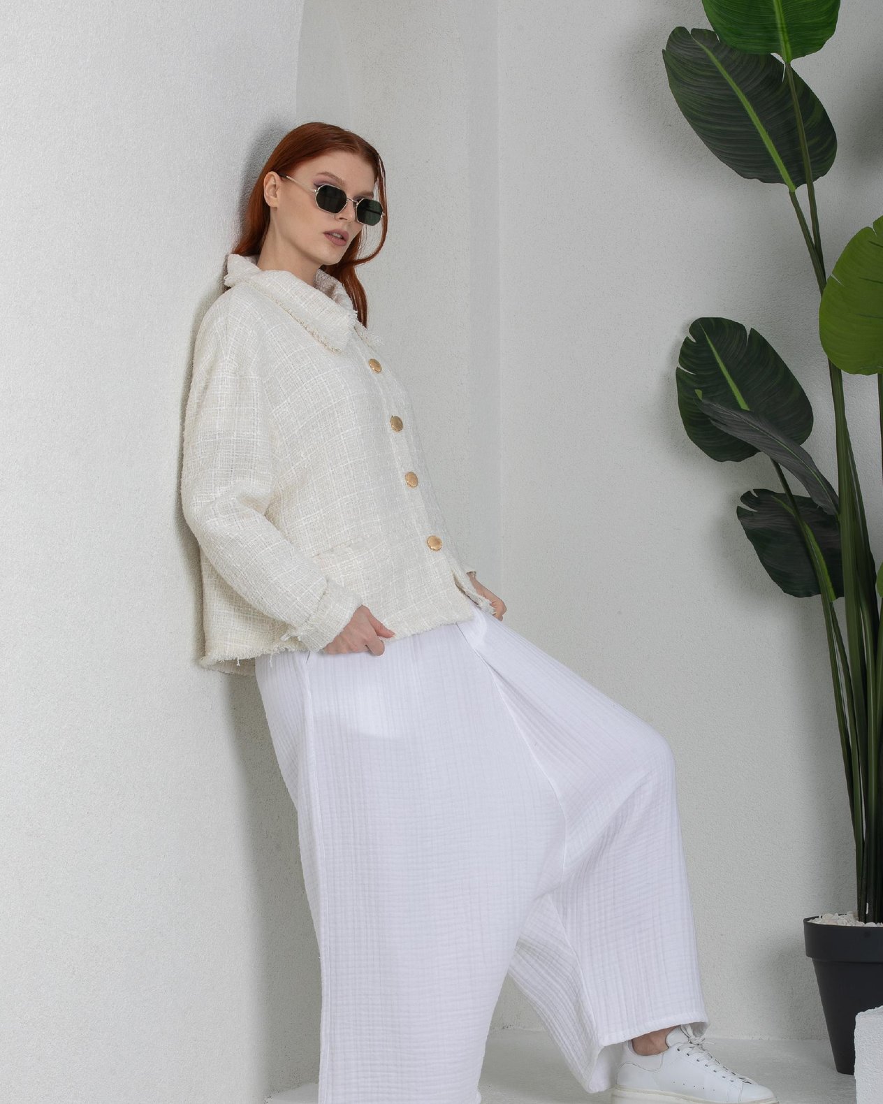 Kadın Beyaz Oversize Chanel Ceket