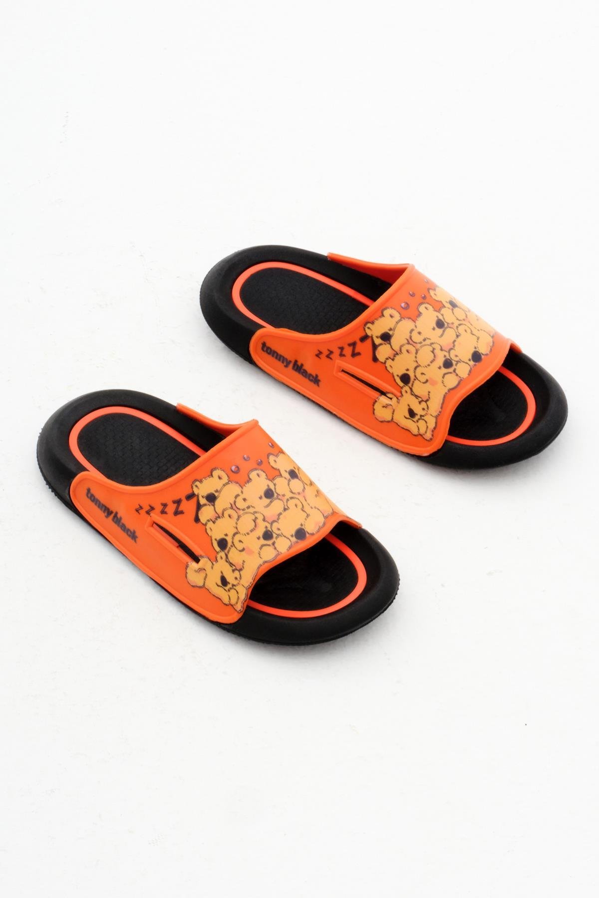 Ayıcık Desenli Poli Taban Çocuk Unisex Oranj Terlik TBACR895