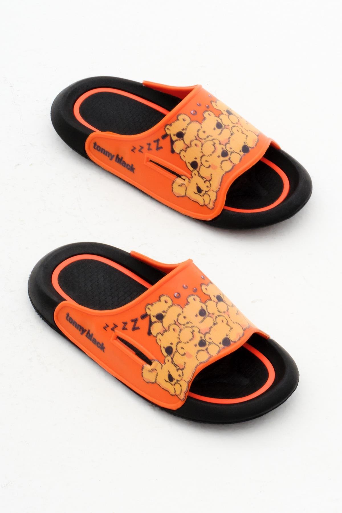 Ayıcık Desenli Poli Taban Çocuk Unisex Oranj Terlik TBACR895