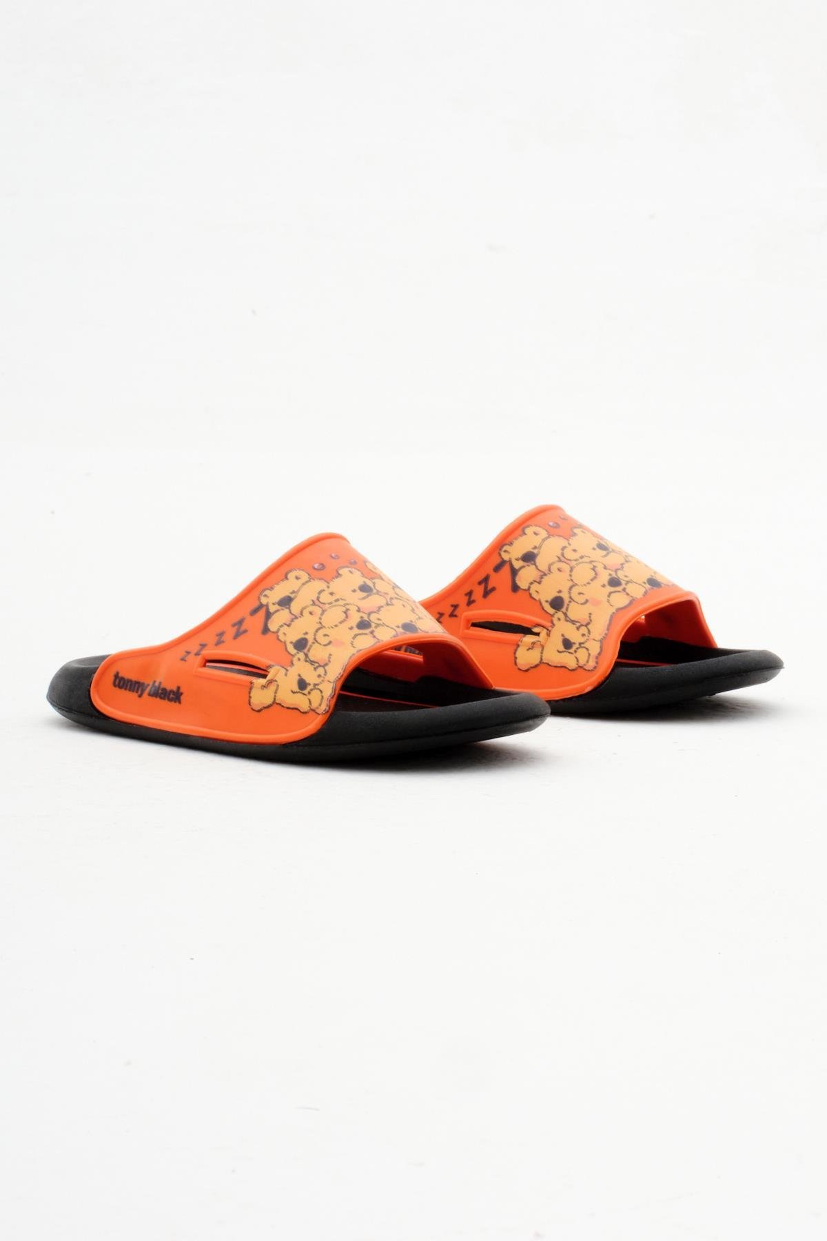 Ayıcık Desenli Poli Taban Çocuk Unisex Oranj Terlik TBACR895