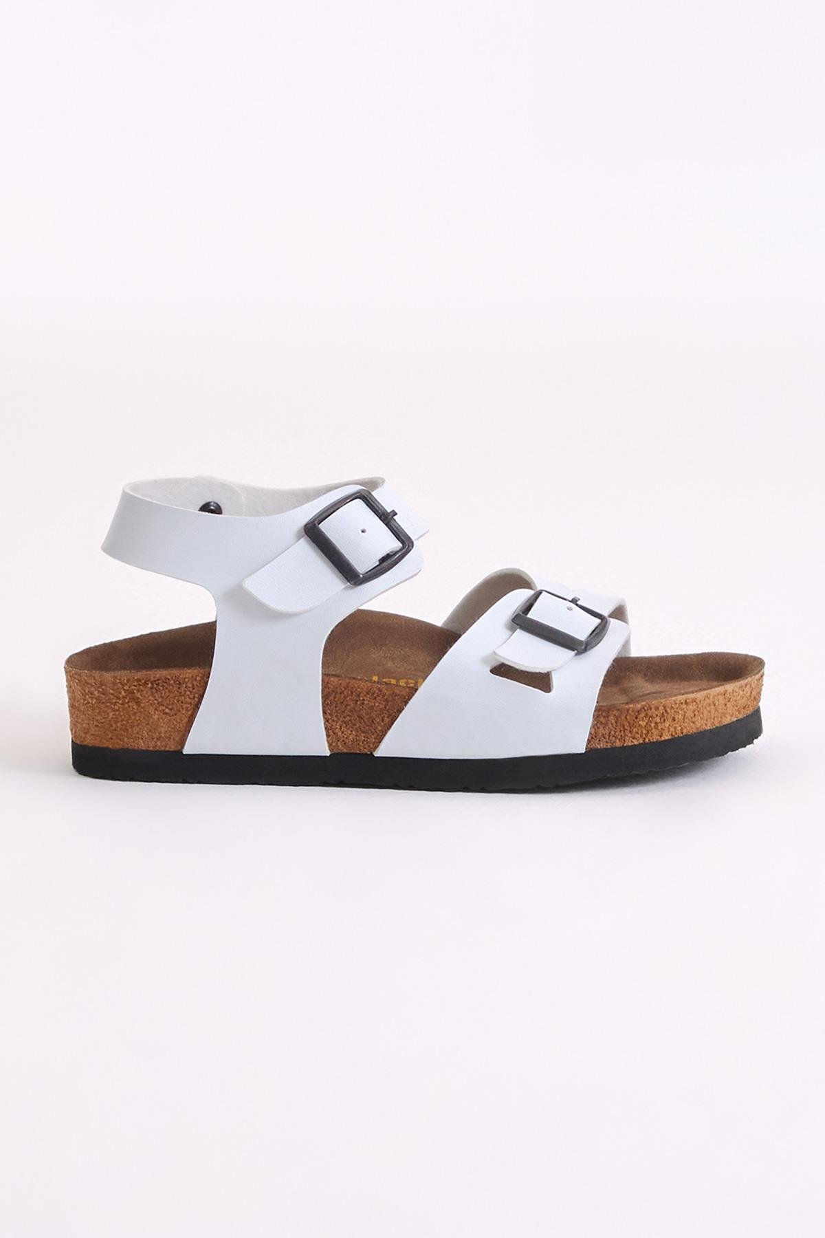 Çocuk Unisex Beyaz Rahat Kalıp Poli Taban Çift Tokalı Sandalet