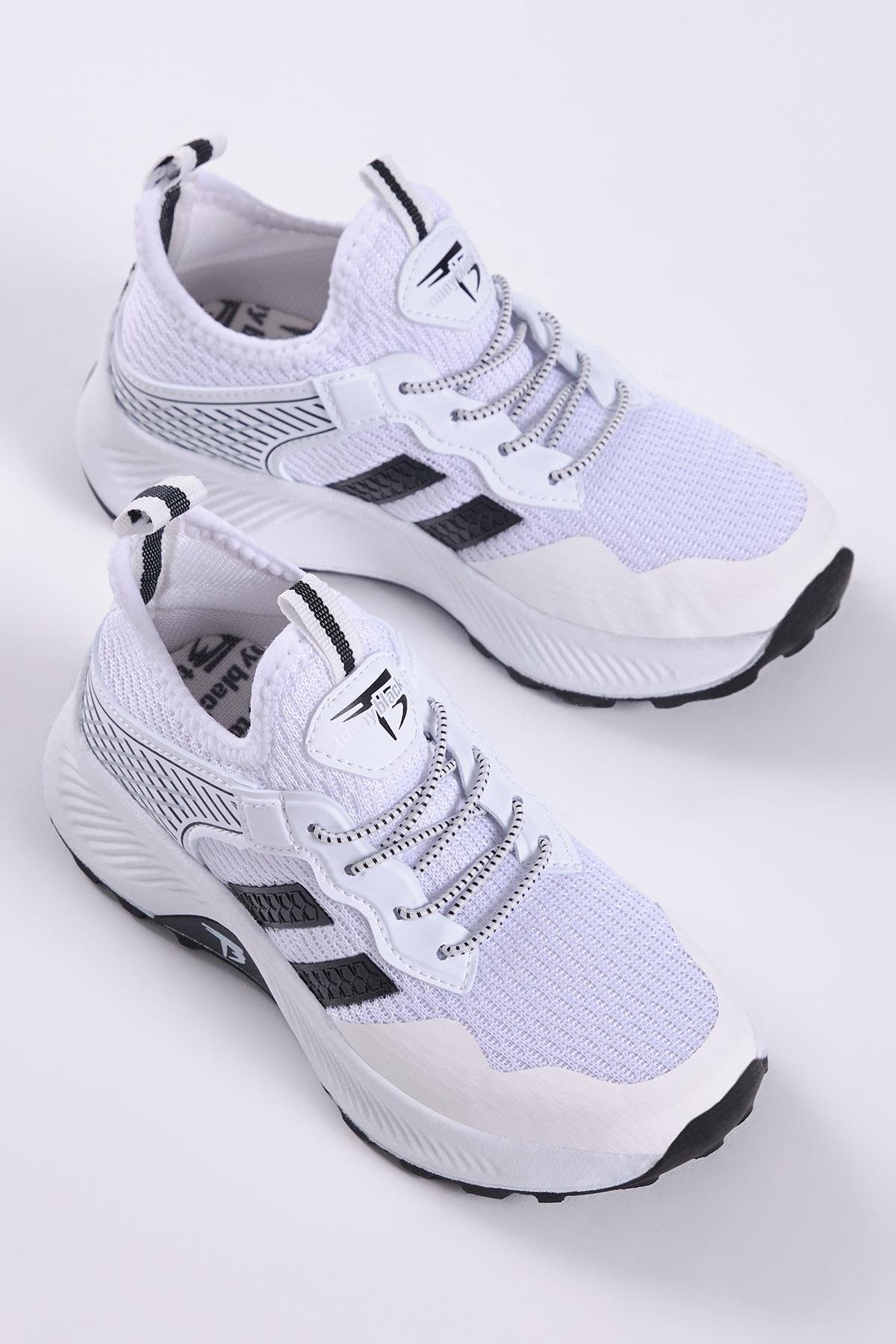 Çocuk Unisex Beyaz Siyah Rahat Kalıp Nefes Alabilen Kumaş Bağcıklı Sneaker