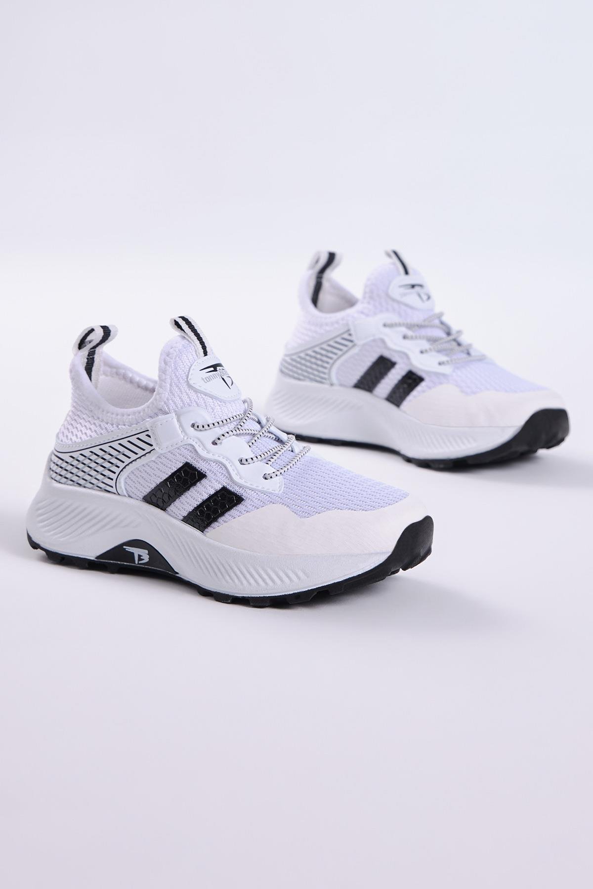 Çocuk Unisex Beyaz Siyah Rahat Kalıp Nefes Alabilen Kumaş Bağcıklı Sneaker