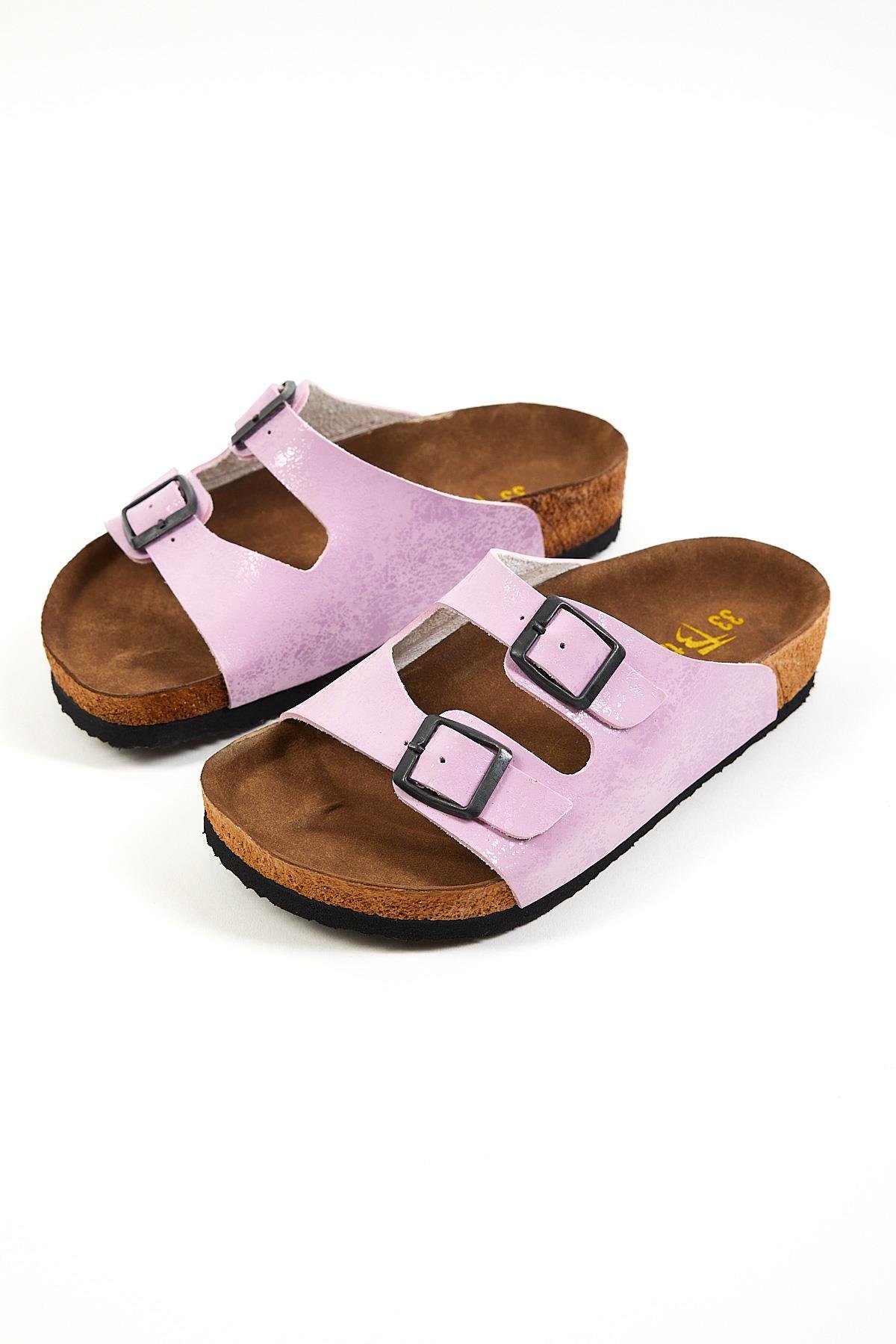 Çocuk Unisex Lila Rahat Kalıp Poli Taban Çift Tokalı Nubuk Sandalet