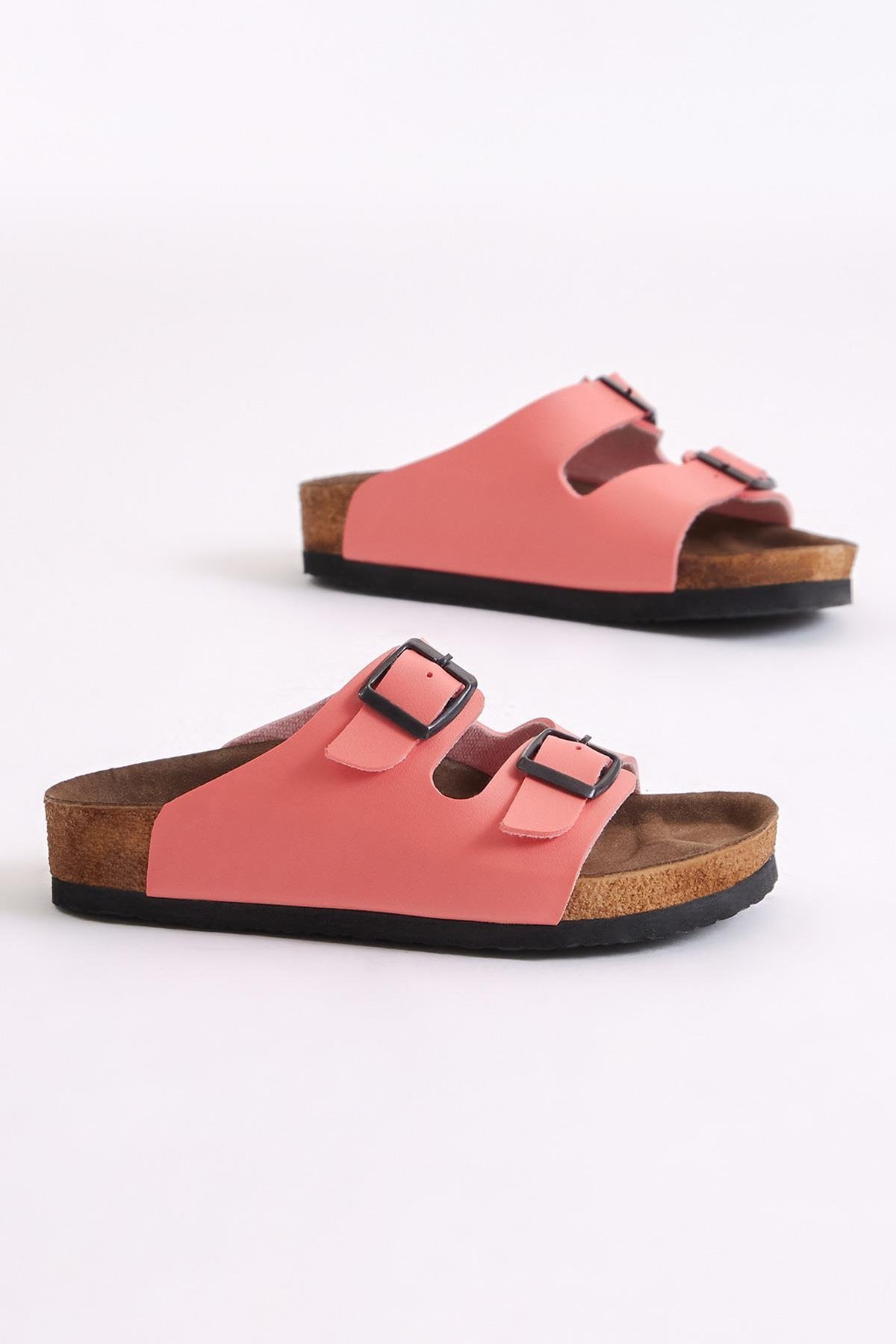 Çocuk Unisex Nar Çiçeği Rahat Kalıp Poli Taban Çift Tokalı Nubuk Sandalet