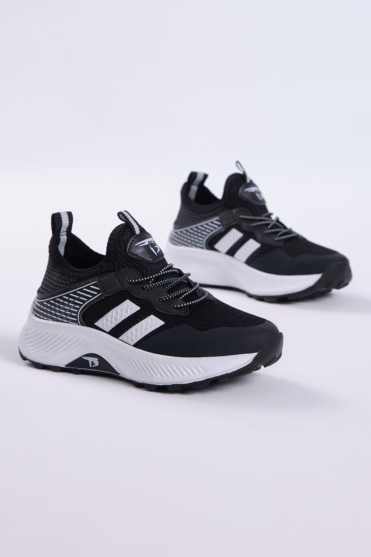 Çocuk Unisex Siyah Beyaz Rahat Kalıp Nefes Alabilen Kumaş Bağcıklı Sneaker