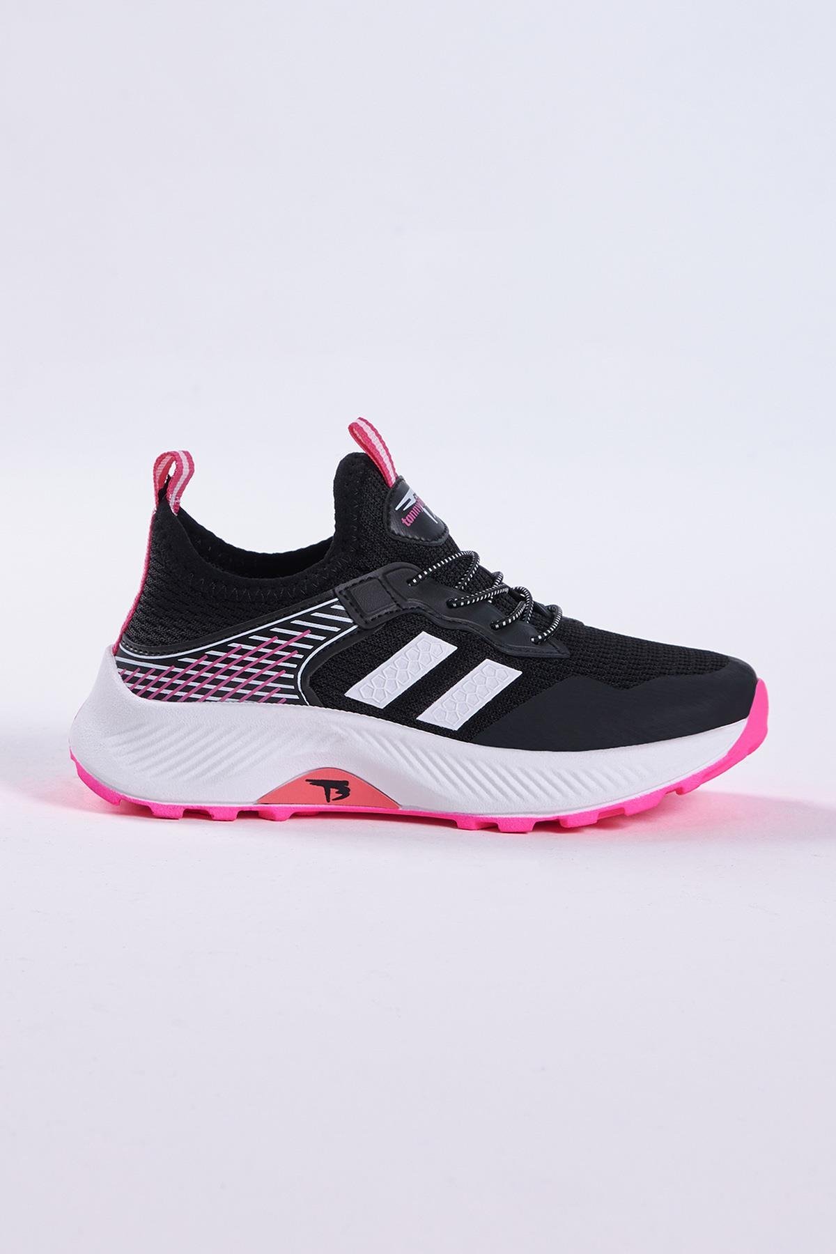 Çocuk Unisex Siyah Fuşya Rahat Kalıp Nefes Alabilen Kumaş Bağcıklı Sneaker