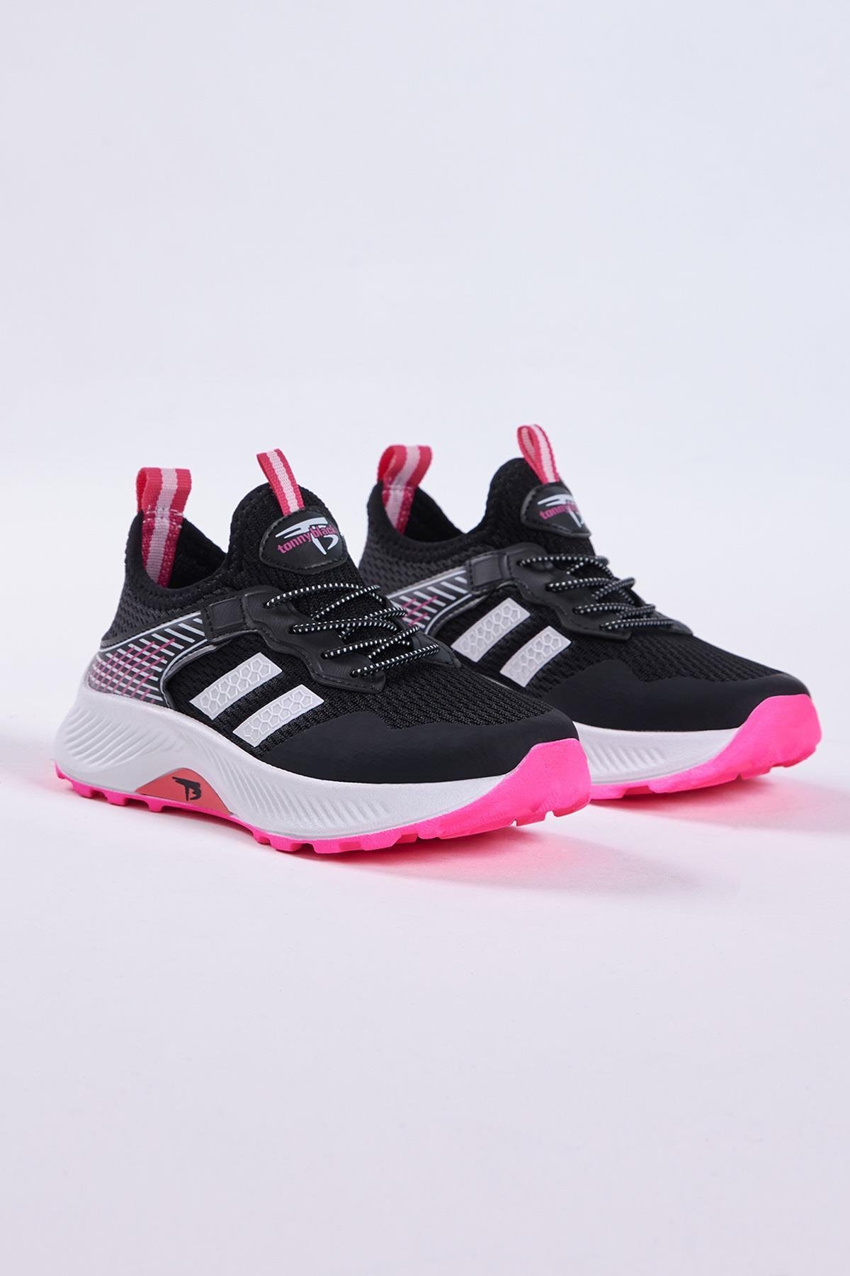 Çocuk Unisex Siyah Fuşya Rahat Kalıp Nefes Alabilen Kumaş Bağcıklı Sneaker