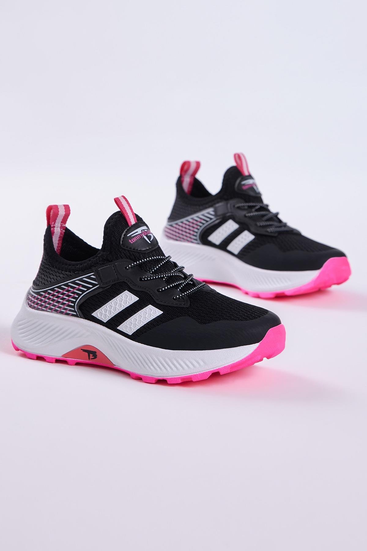 Çocuk Unisex Siyah Fuşya Rahat Kalıp Nefes Alabilen Kumaş Bağcıklı Sneaker