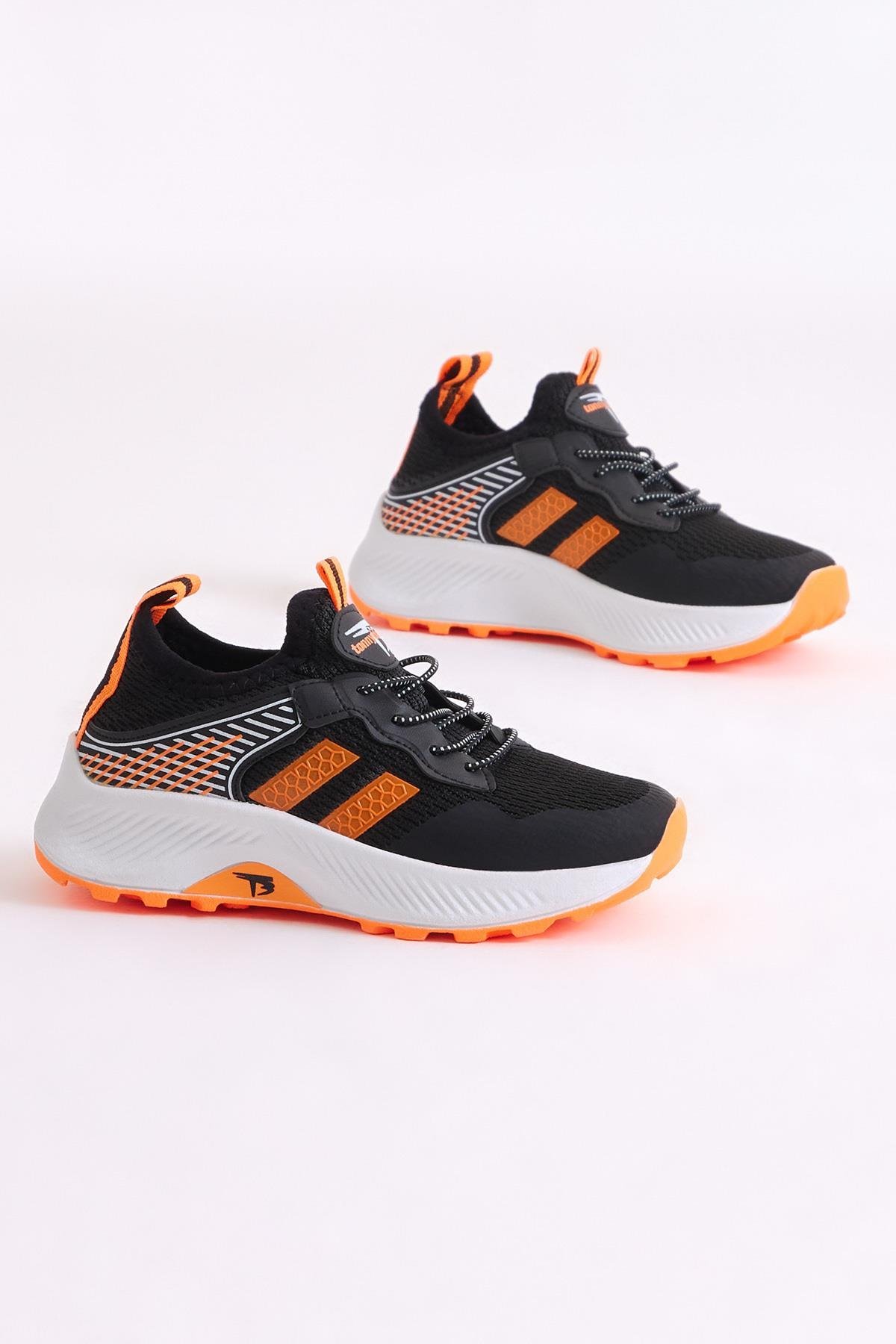 Çocuk Unisex Siyah Oranj Rahat Kalıp Nefes Alabilen Kumaş Bağcıklı Sneaker