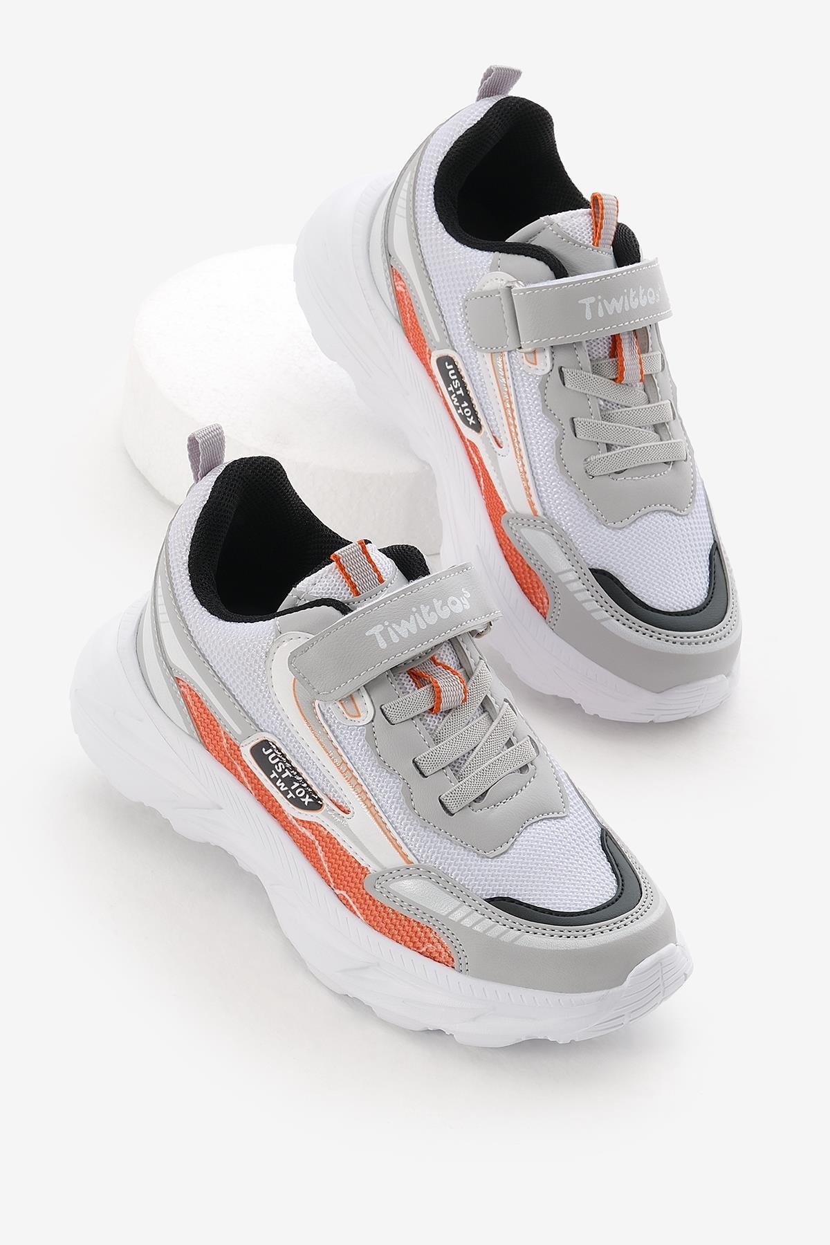 EVA Faylon Taban Desenli Cırtlı Lastik Bağcıklı Çocuk Unisex Gri Oranj Spor Ayakkabı TBKMN310