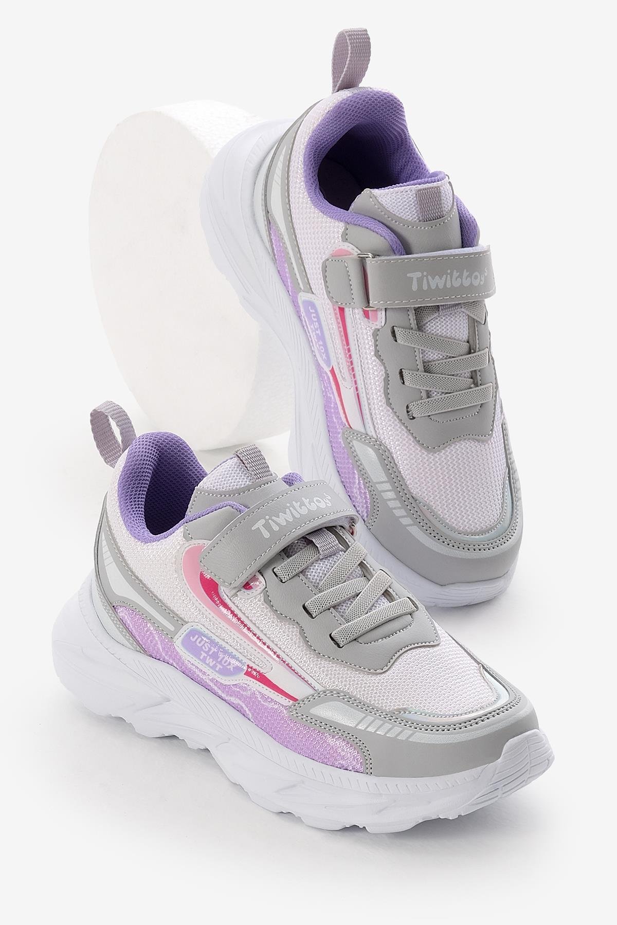 EVA Faylon Taban Desenli Cırtlı Lastik Bağcıklı Çocuk Unisex Gri Lila Spor Ayakkabı TBKMN310