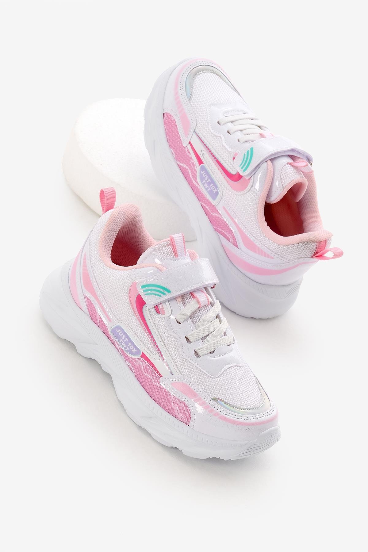 EVA Faylon Taban Desenli Cırtlı Lastik Bağcıklı Çocuk Unisex Beyaz Pembe Spor Ayakkabı TBKMN310