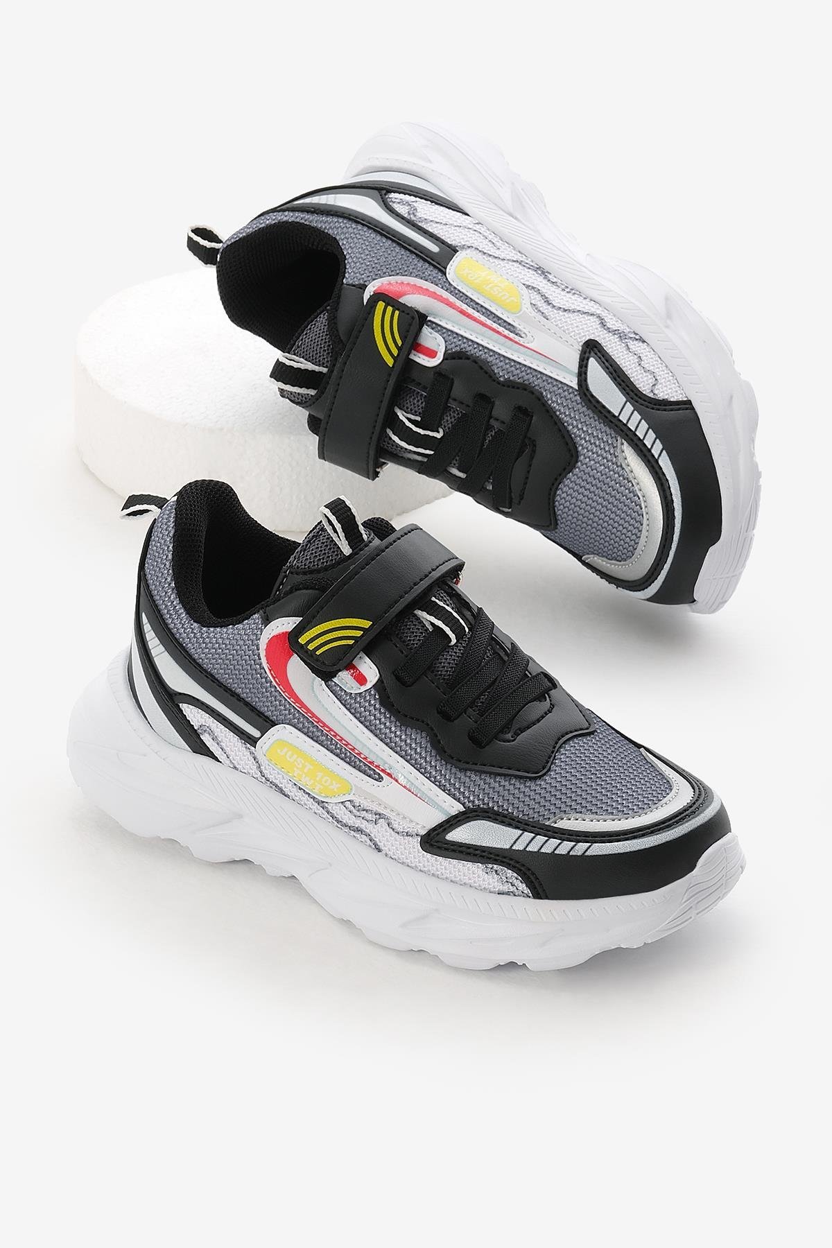 EVA Faylon Taban Desenli Cırtlı Lastik Bağcıklı Çocuk Unisex Siyah Füme Spor Ayakkabı TBKMN310