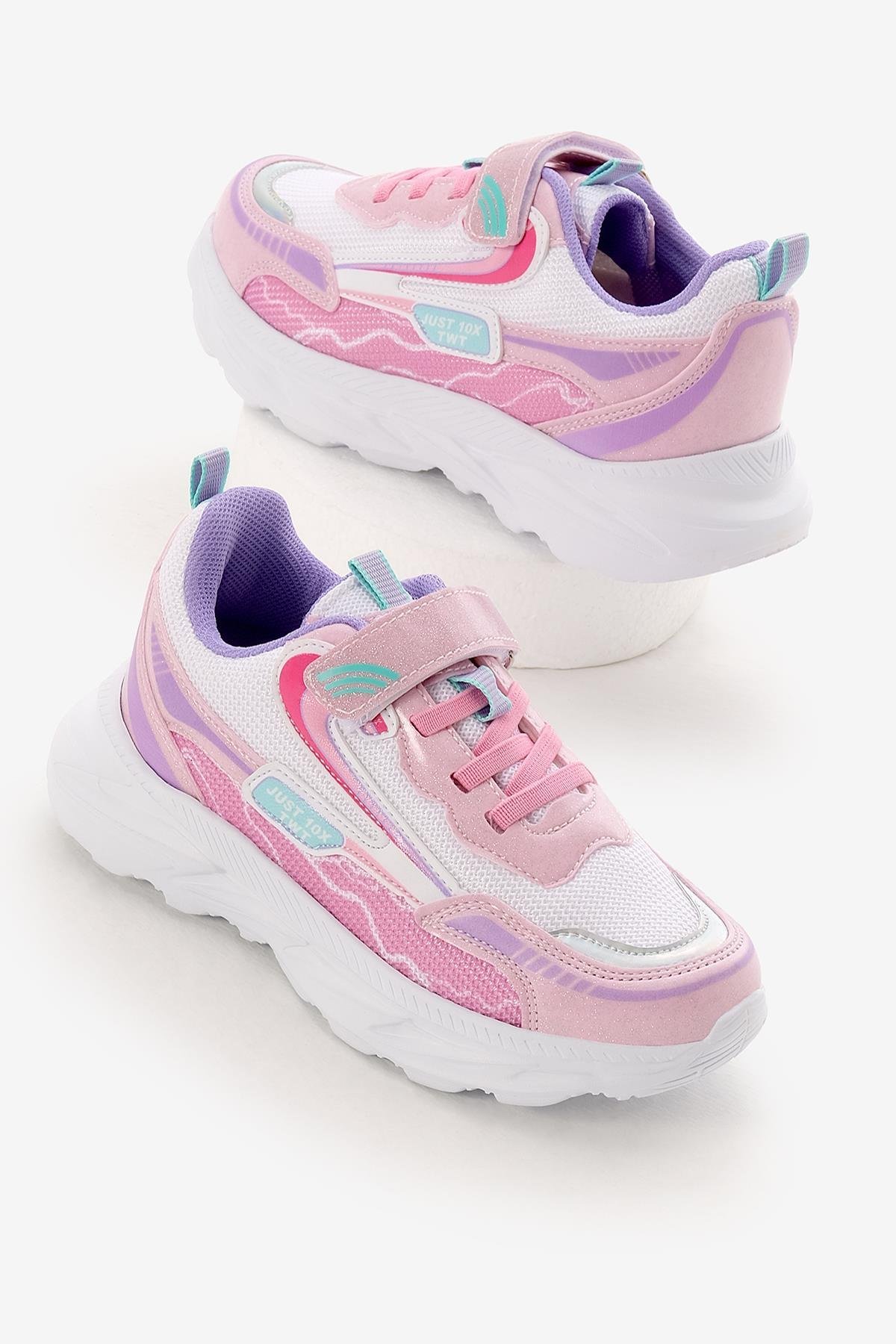 EVA Faylon Taban Desenli Cırtlı Lastik Bağcıklı Çocuk Unisex Pembe Beyaz Spor Ayakkabı TBKMN310