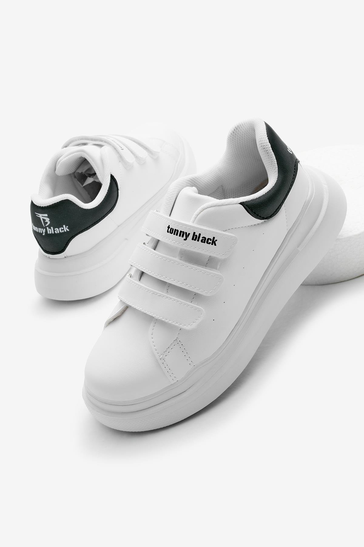 Eva Faylon Taban Üç Cırtlı Çocuk Unisex Beyaz Siyah Spor Ayakkabı TBALS025