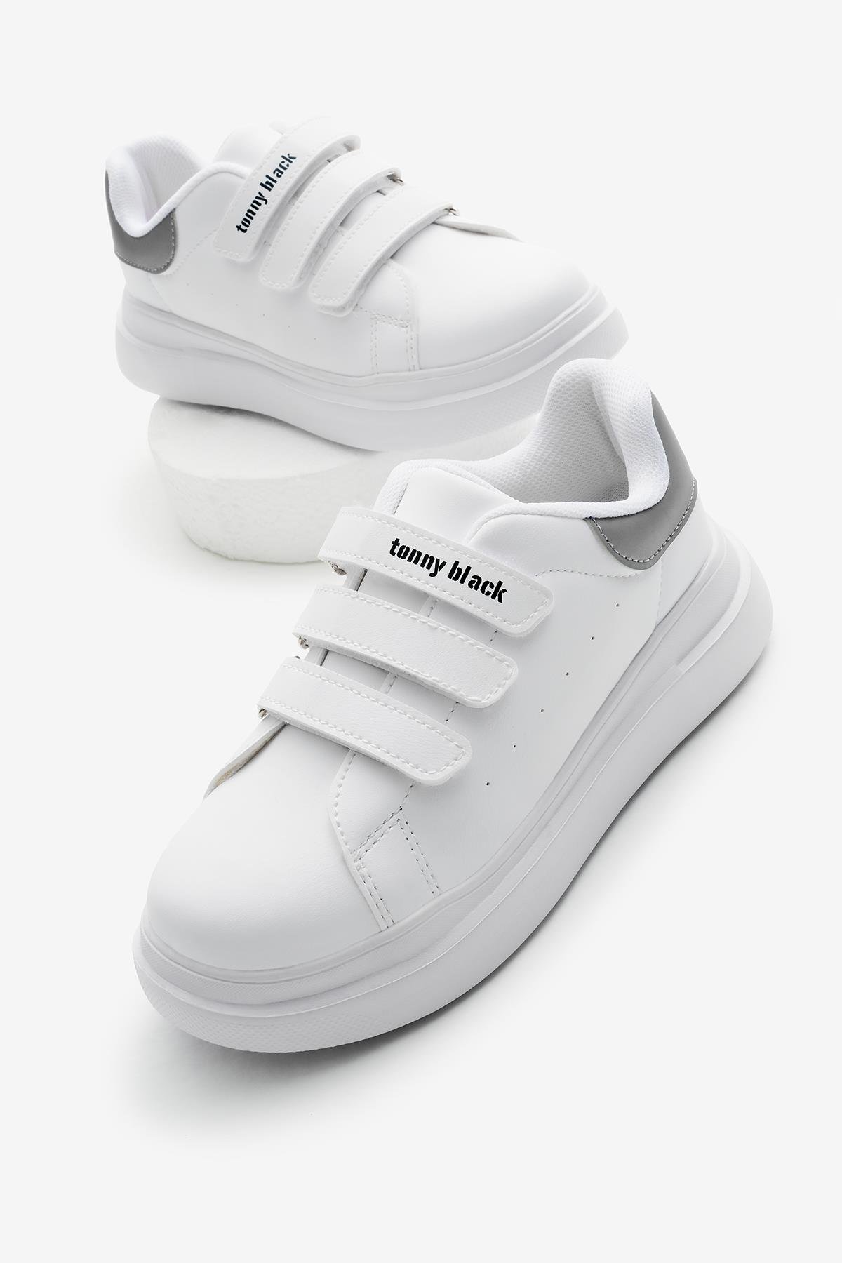Eva Faylon Taban Üç Cırtlı Çocuk Unisex Beyaz Gümüş Spor Ayakkabı TBALS025