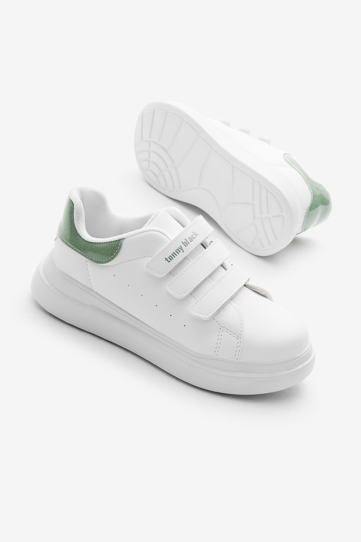 Eva Faylon Taban Üç Cırtlı Çocuk Unisex Beyaz Su Yeşili Spor Ayakkabı TBALS025