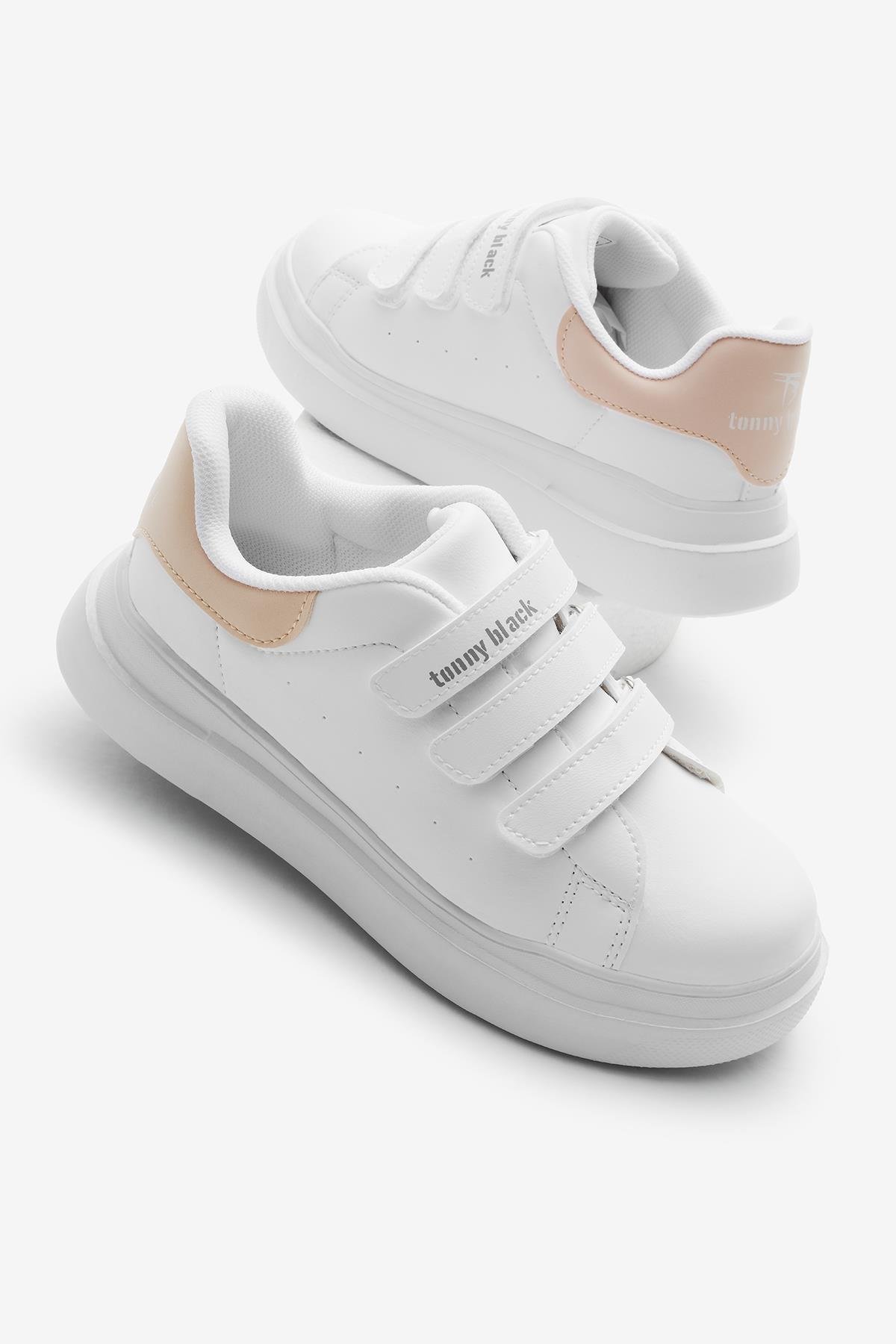 Eva Faylon Taban Üç Cırtlı Çocuk Unisex Beyaz Pudra Spor Ayakkabı TBALS025
