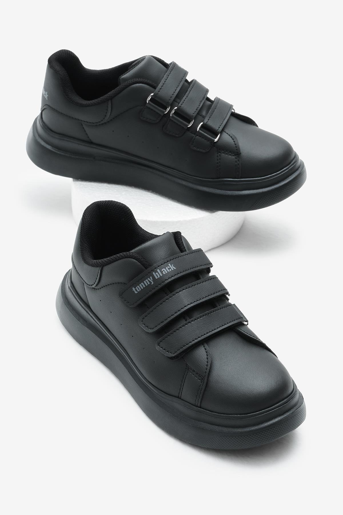Eva Faylon Taban Üç Cırtlı Çocuk Unisex Siyah Siyah Spor Ayakkabı TBALS025