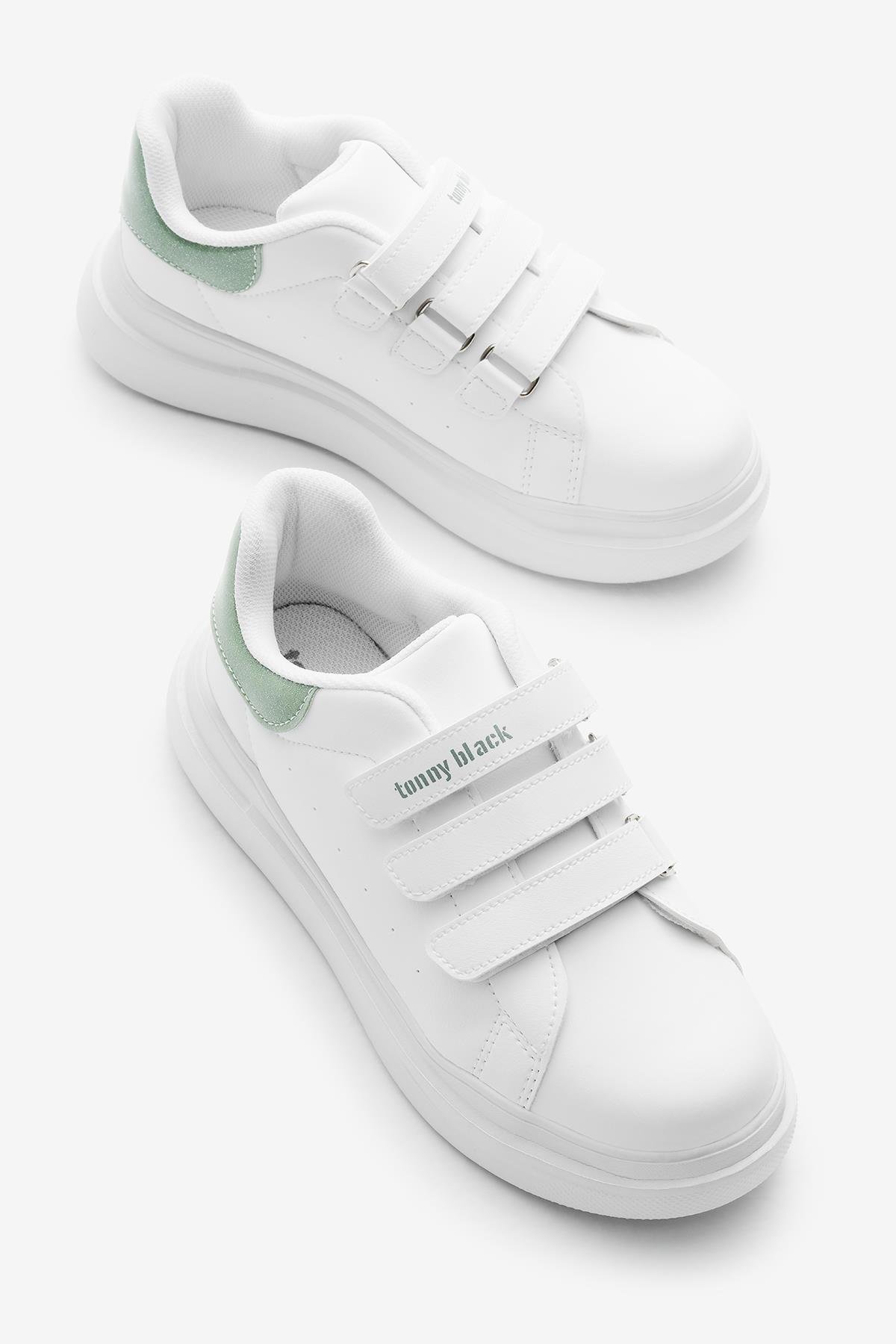 Eva Faylon Taban Üç Cırtlı Çocuk Unisex Beyaz Su Yeşili Spor Ayakkabı TBALS025