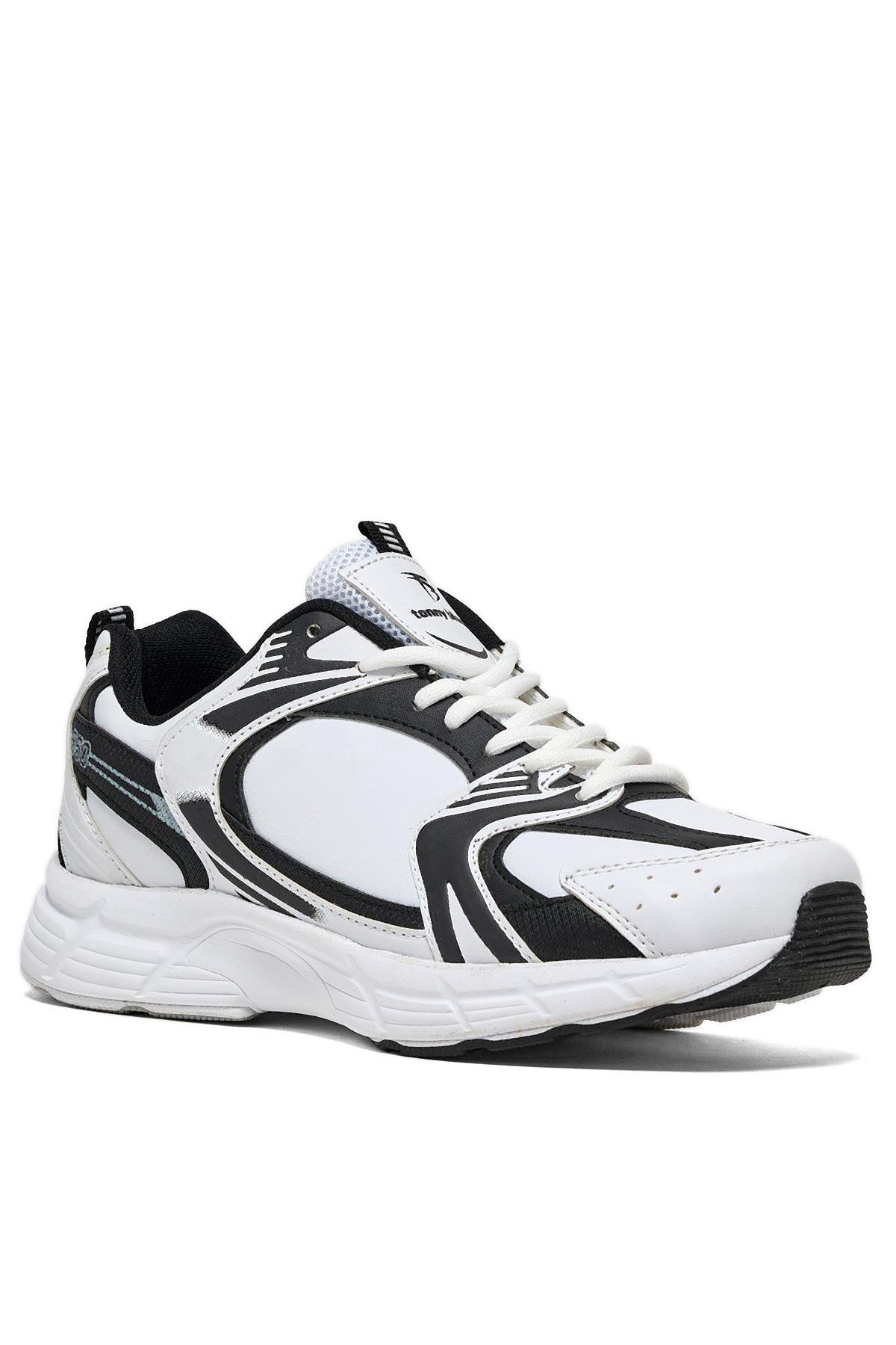 Faylon Taban Bağcıklı Unisex Beyaz Siyah Cilt Spor Ayakkabı TBA530