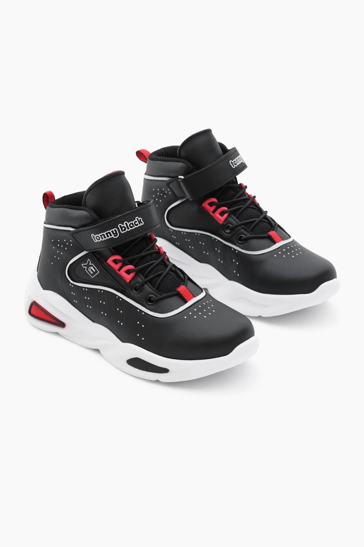 Faylon Taban Lastik Bağcıklı ve Cırtlı Çocuk Unisex Siyah Beyaz Spor Basketbol Ayakkabısı TBKMNM-100