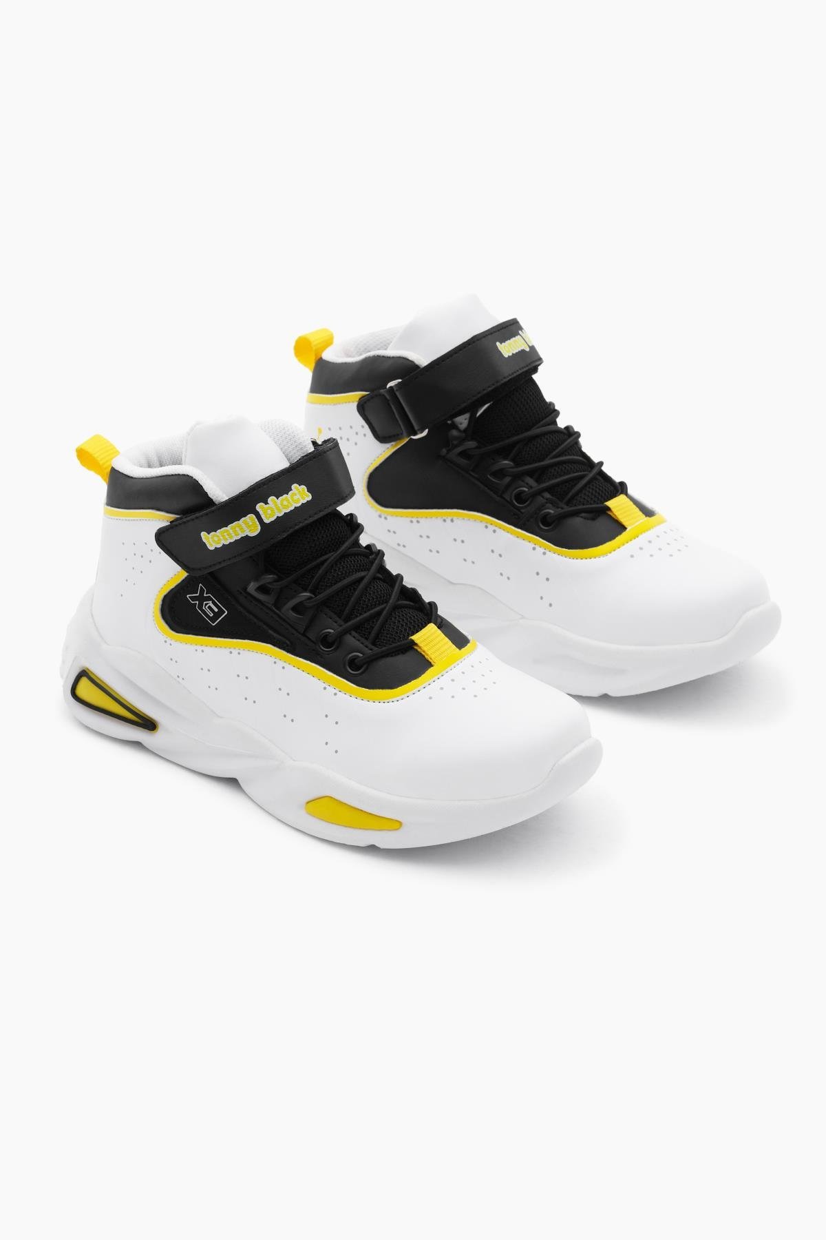 Faylon Taban Lastik Bağcıklı ve Cırtlı Çocuk Unisex Beyaz Sarı Spor Basketbol Ayakkabısı TBKMNM-100
