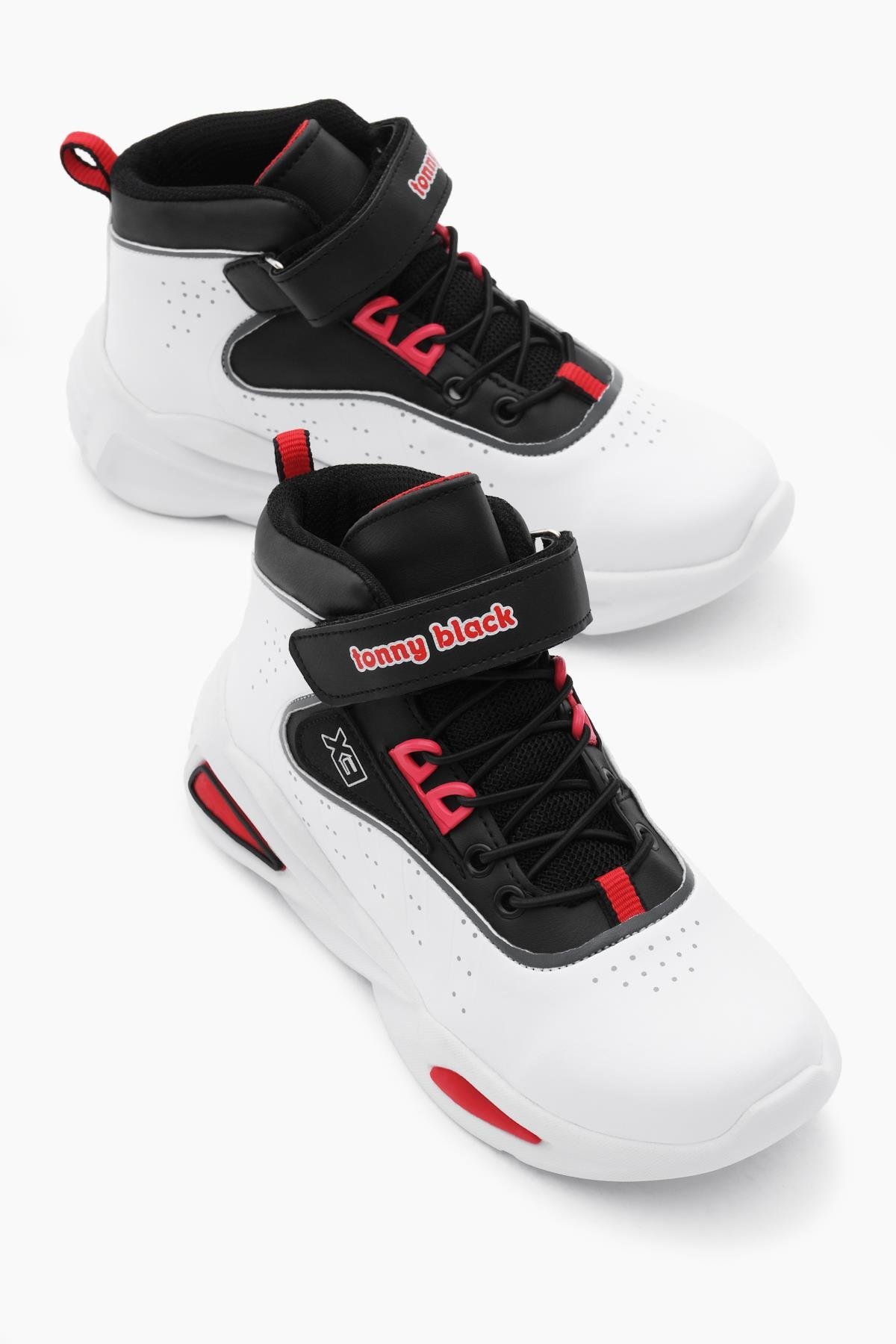 Faylon Taban Lastik Bağcıklı ve Cırtlı Çocuk Unisex Beyaz Siyah Spor Basketbol Ayakkabısı TBKMNM-100