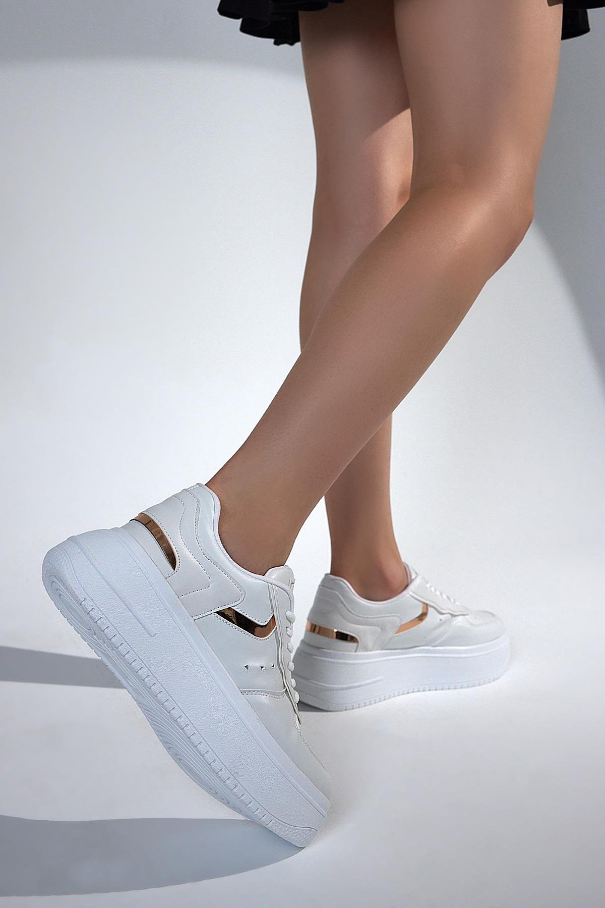 Kadın Beyaz Bakır Sneaker Rahat Kalıp Kadın Spor Ayakkabı