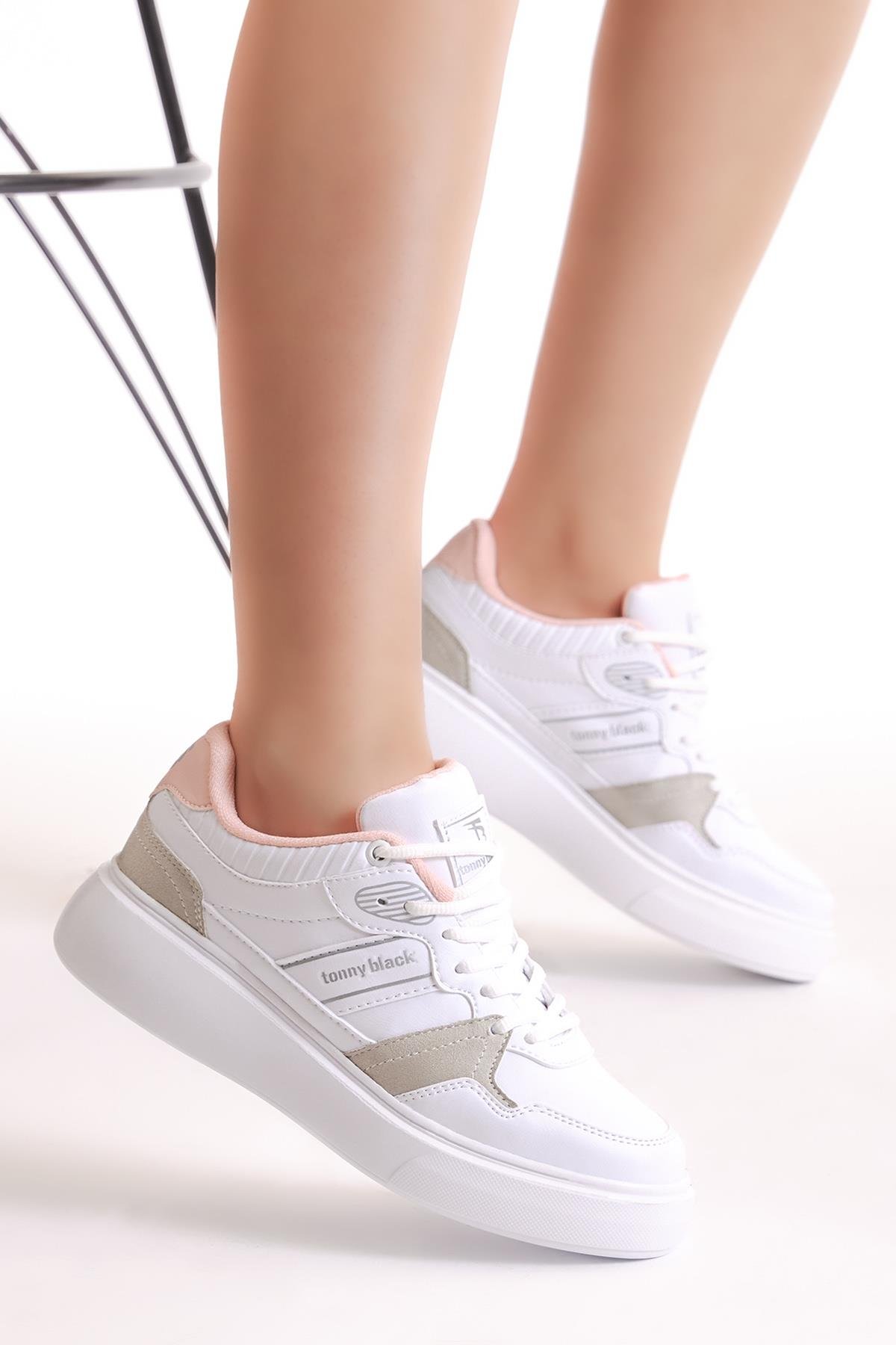 Kadın Beyaz Gri Beyaz Siyah Poli Taban Yanı Şeritli Bağcıklı Sneaker