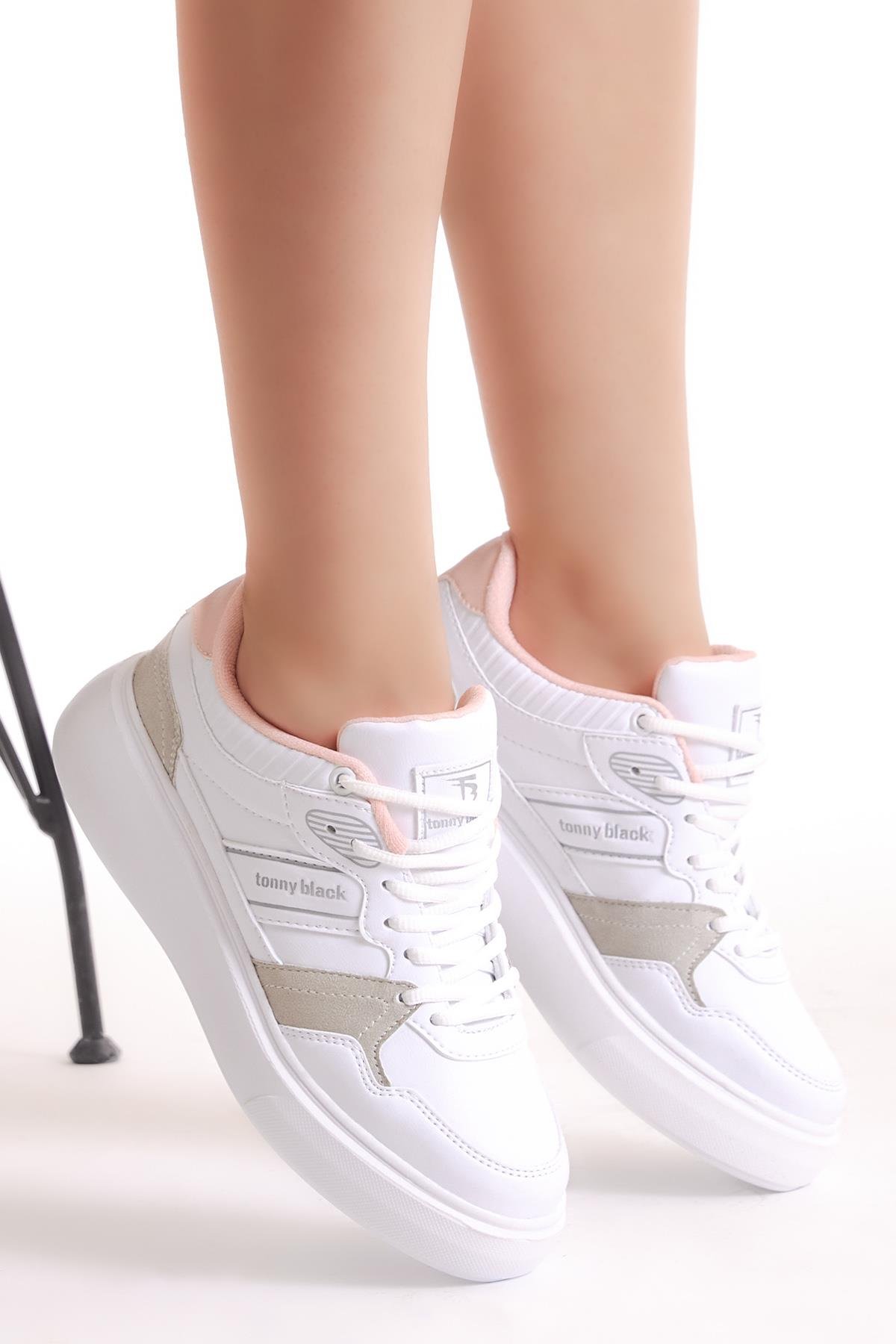 Kadın Beyaz Gri Beyaz Siyah Poli Taban Yanı Şeritli Bağcıklı Sneaker
