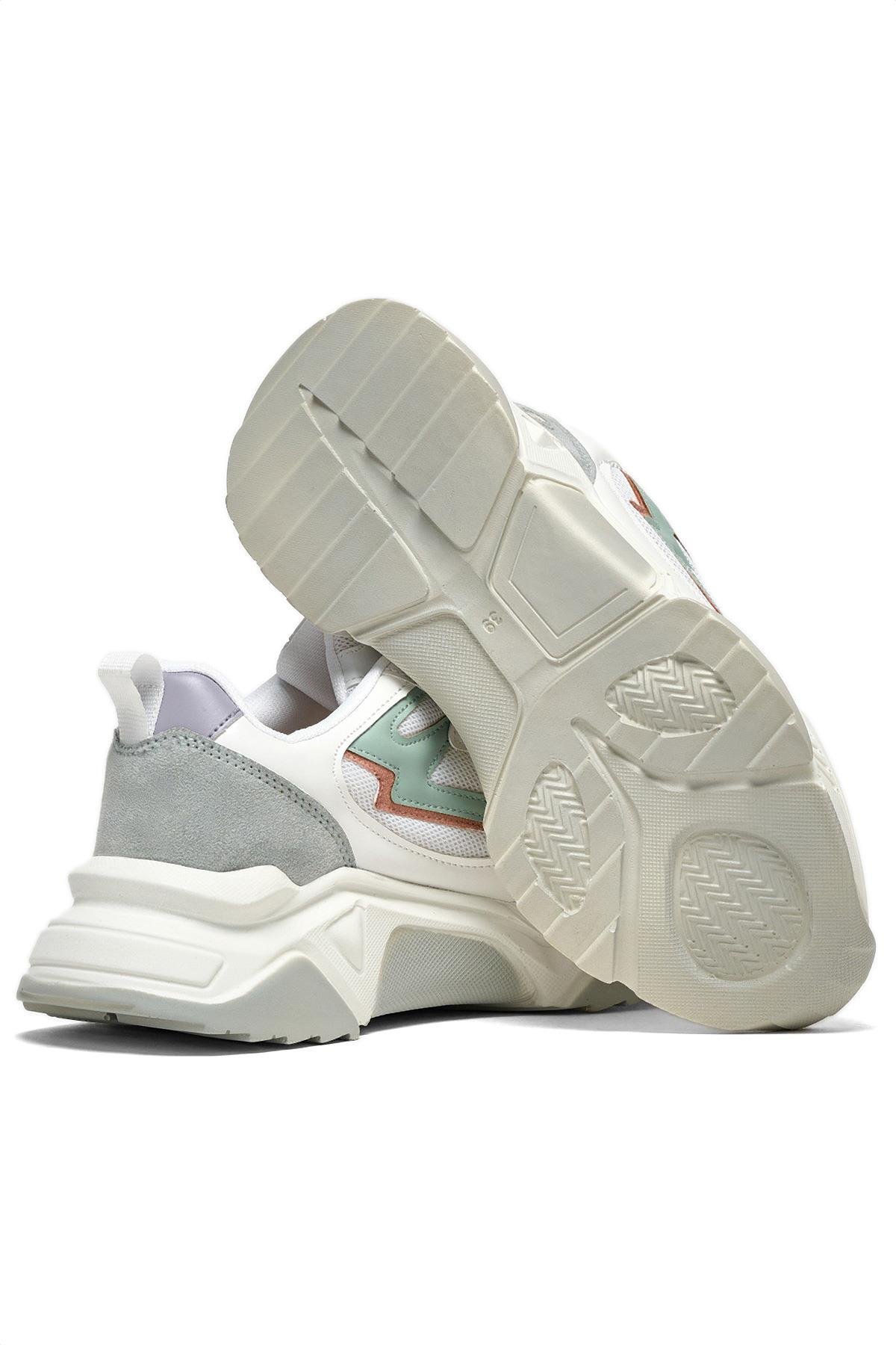 Kadın Beyaz Gri Poli Taban Yanı Şerit Detaylı Yüksek Taban Sneaker