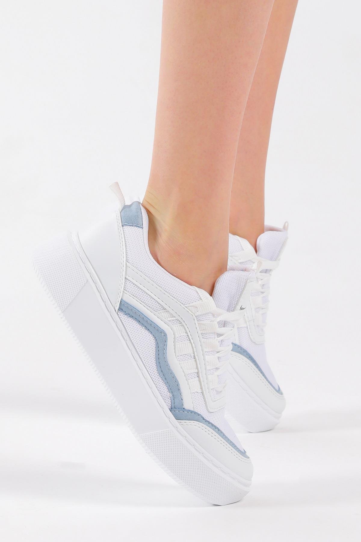 Kadın Beyaz Mavi Eva Faylon Taban Yanı Çizgili Sneaker