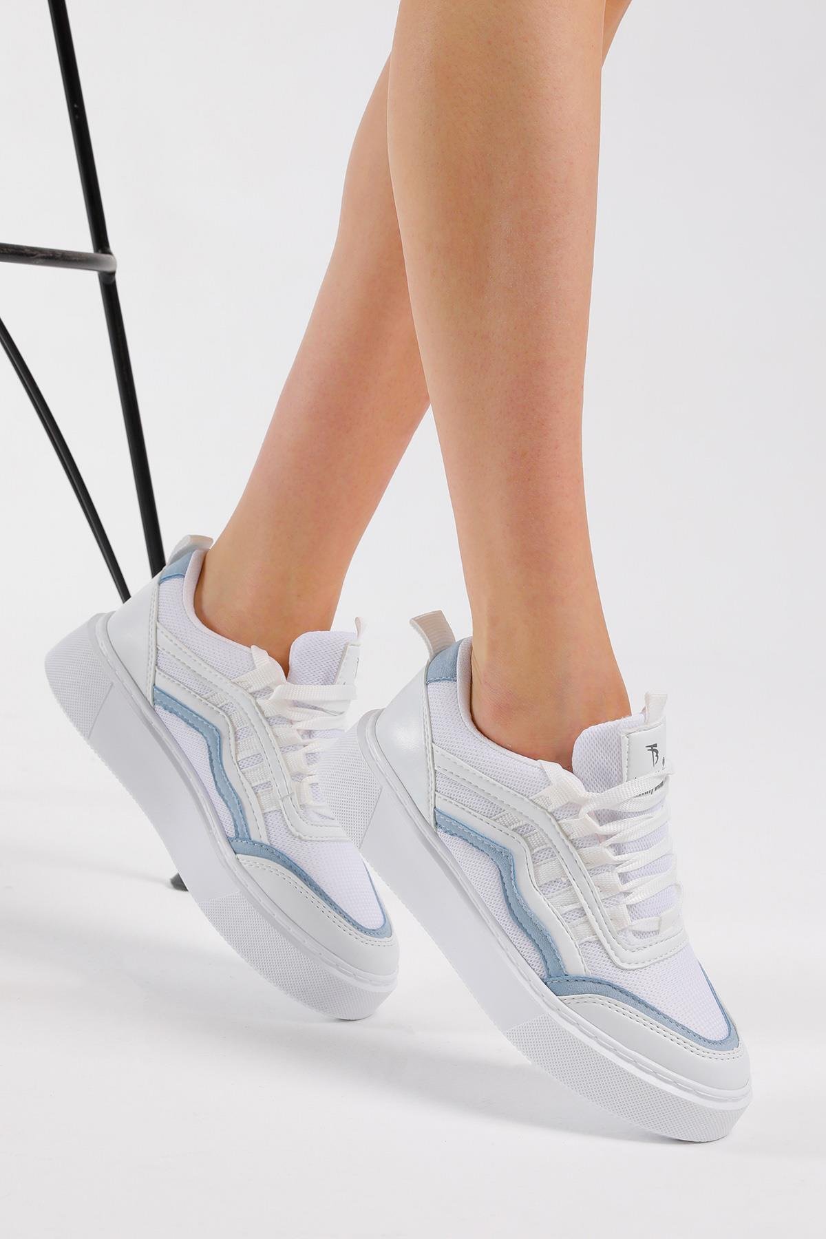 Kadın Beyaz Mavi Eva Faylon Taban Yanı Çizgili Sneaker