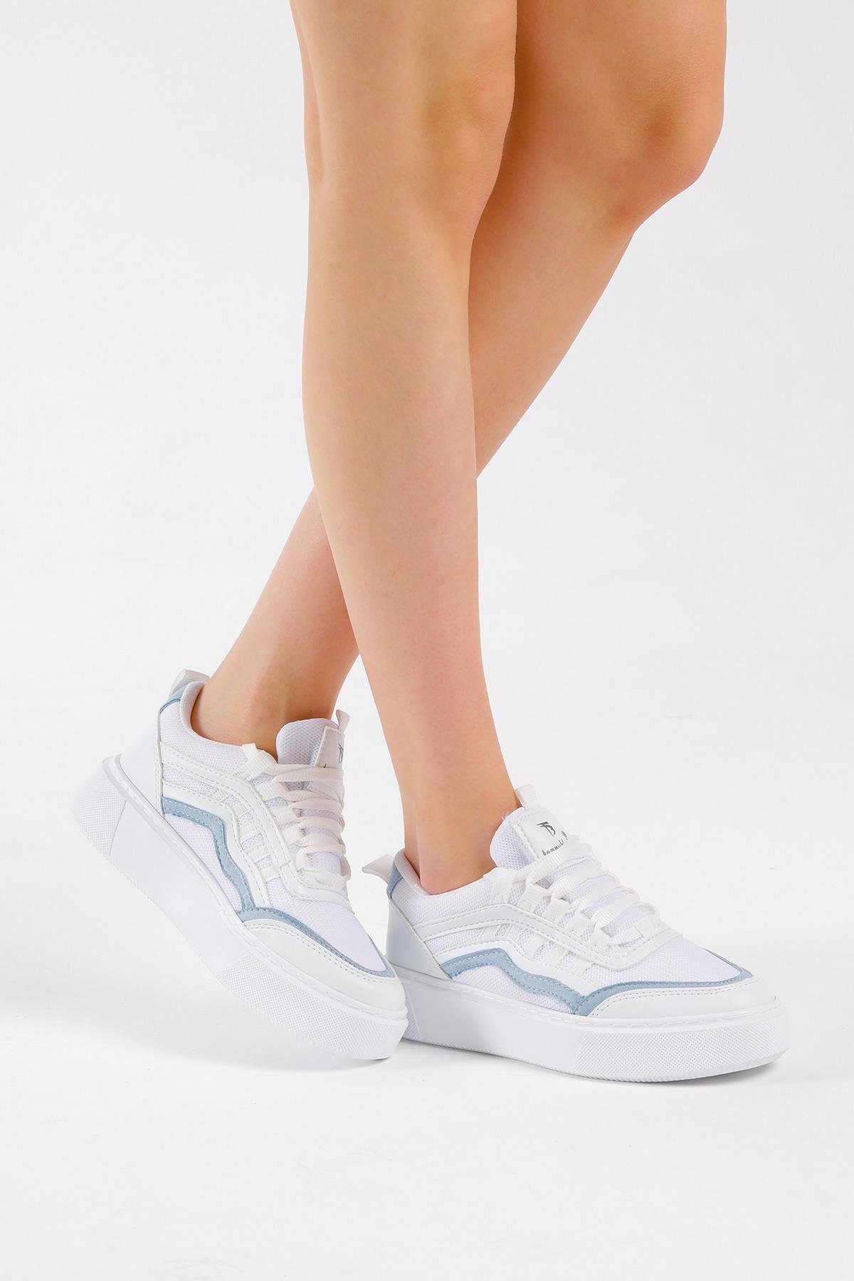 Kadın Beyaz Mavi Eva Faylon Taban Yanı Çizgili Sneaker