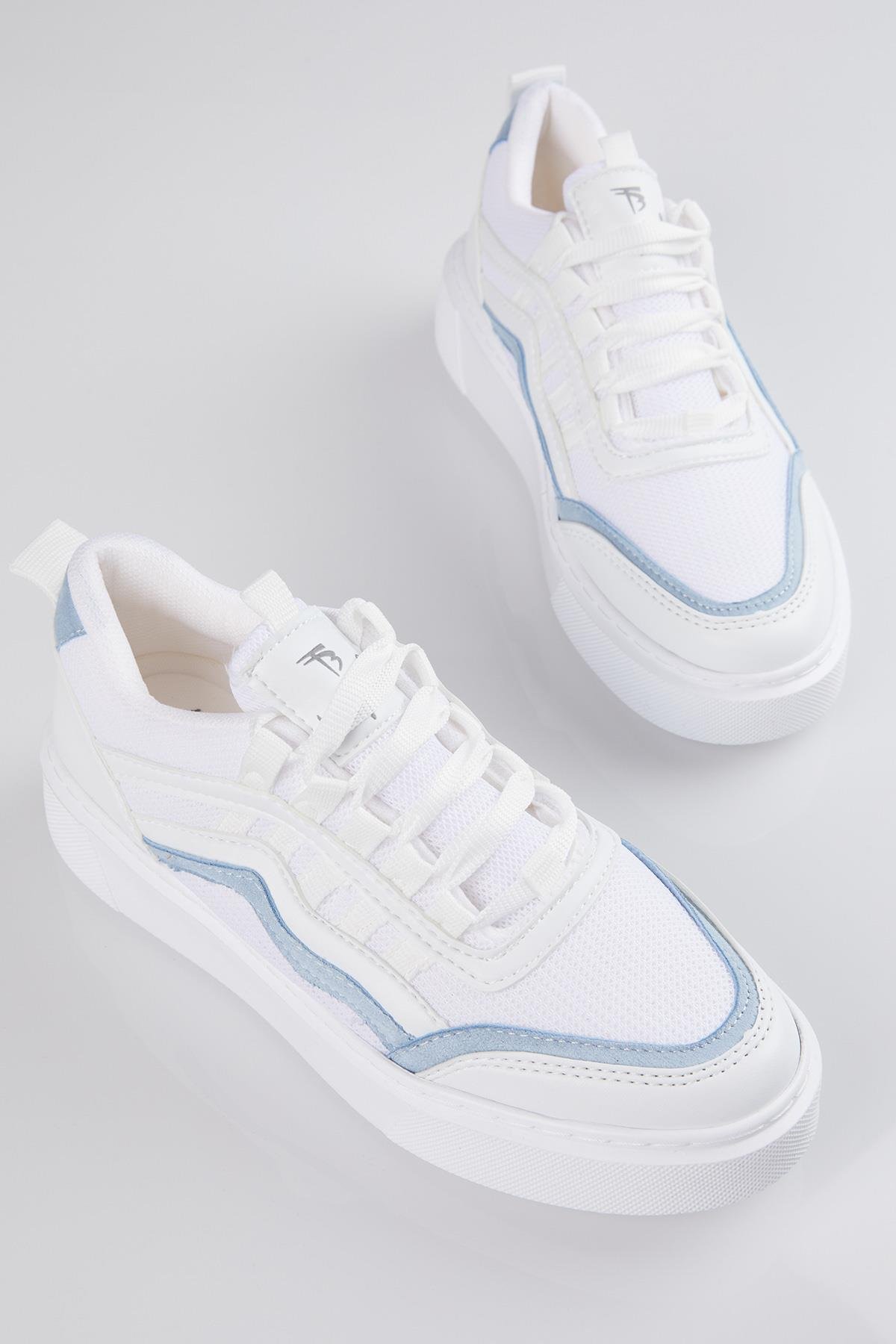 Kadın Beyaz Mavi Eva Faylon Taban Yanı Çizgili Sneaker