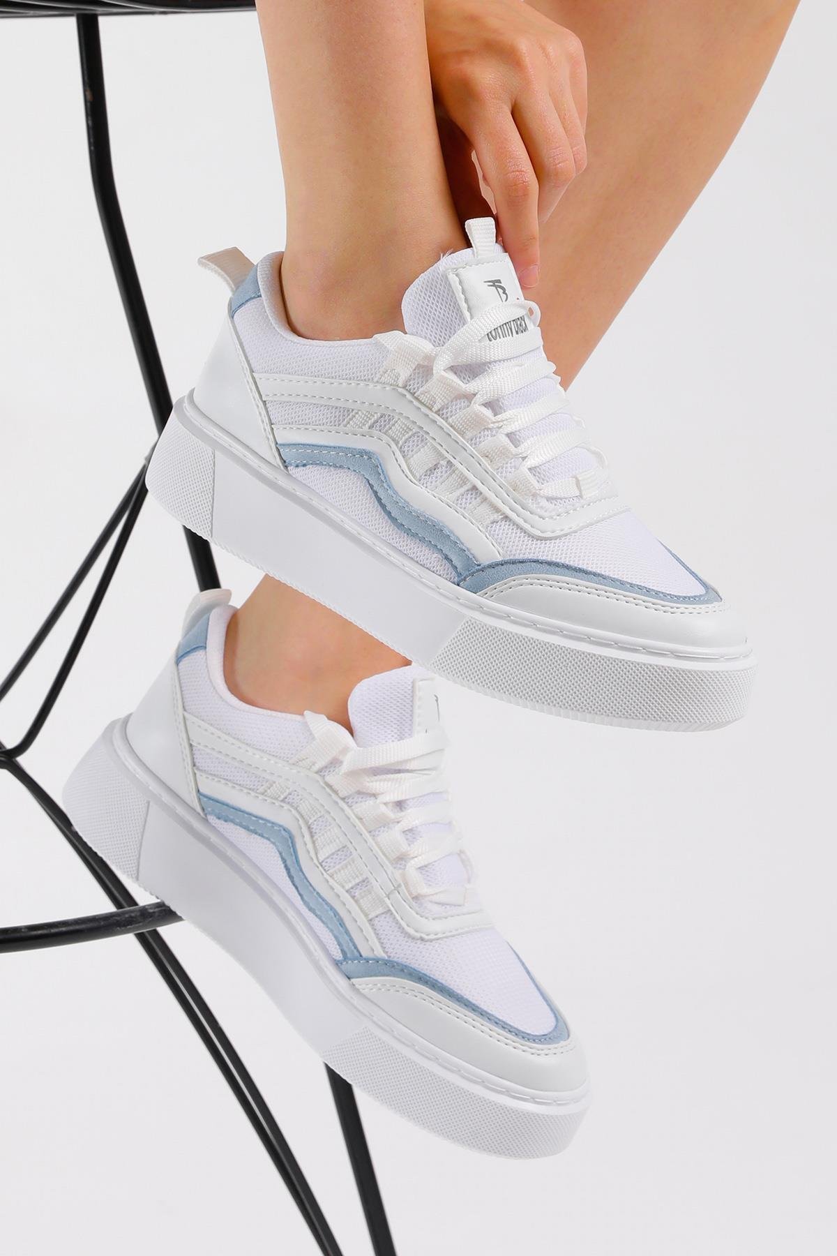 Kadın Beyaz Mavi Eva Faylon Taban Yanı Çizgili Sneaker