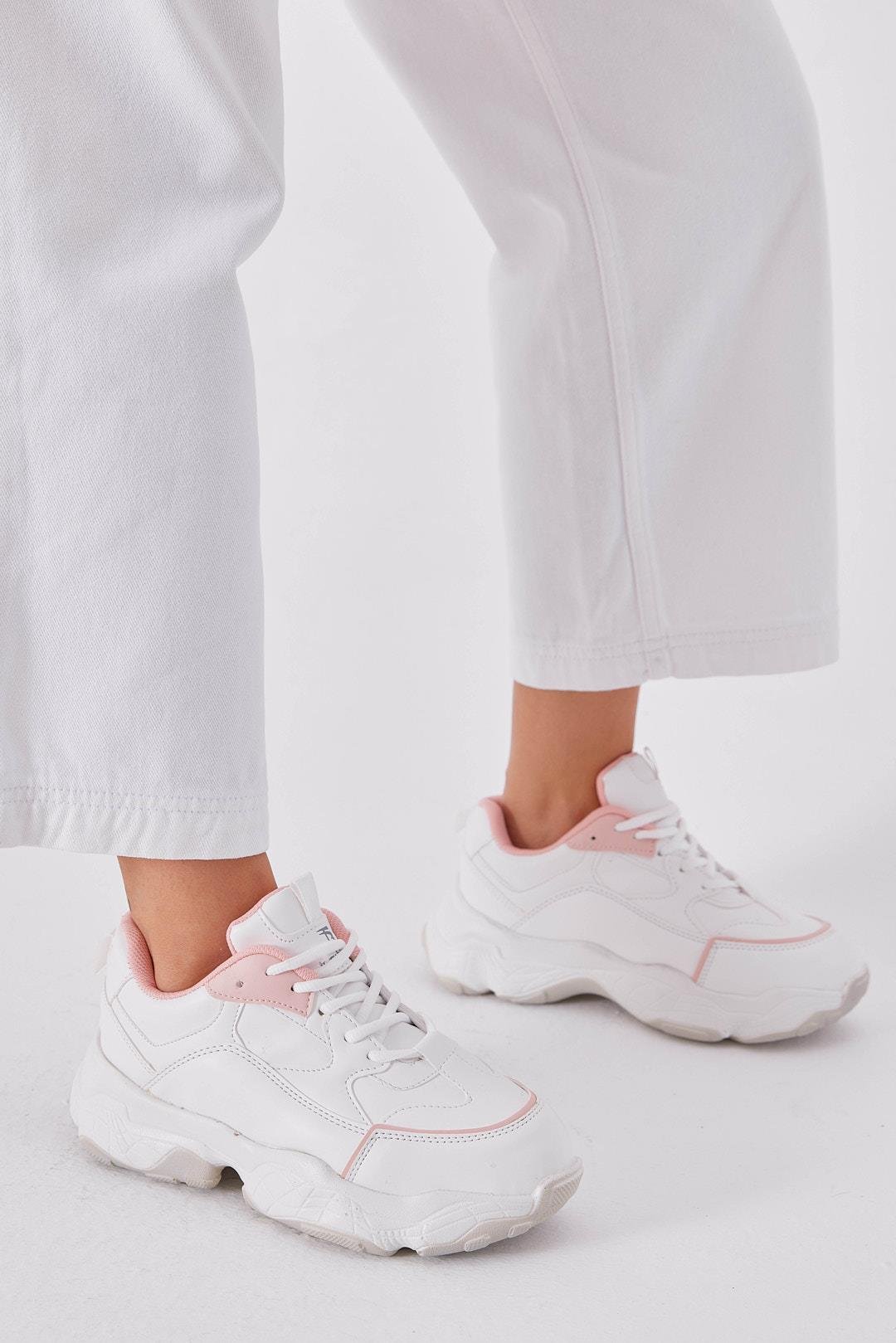 Kadın Beyaz Pembe Poli Taban Nefes Alabilen Kumaş Bağcıklı Sneaker