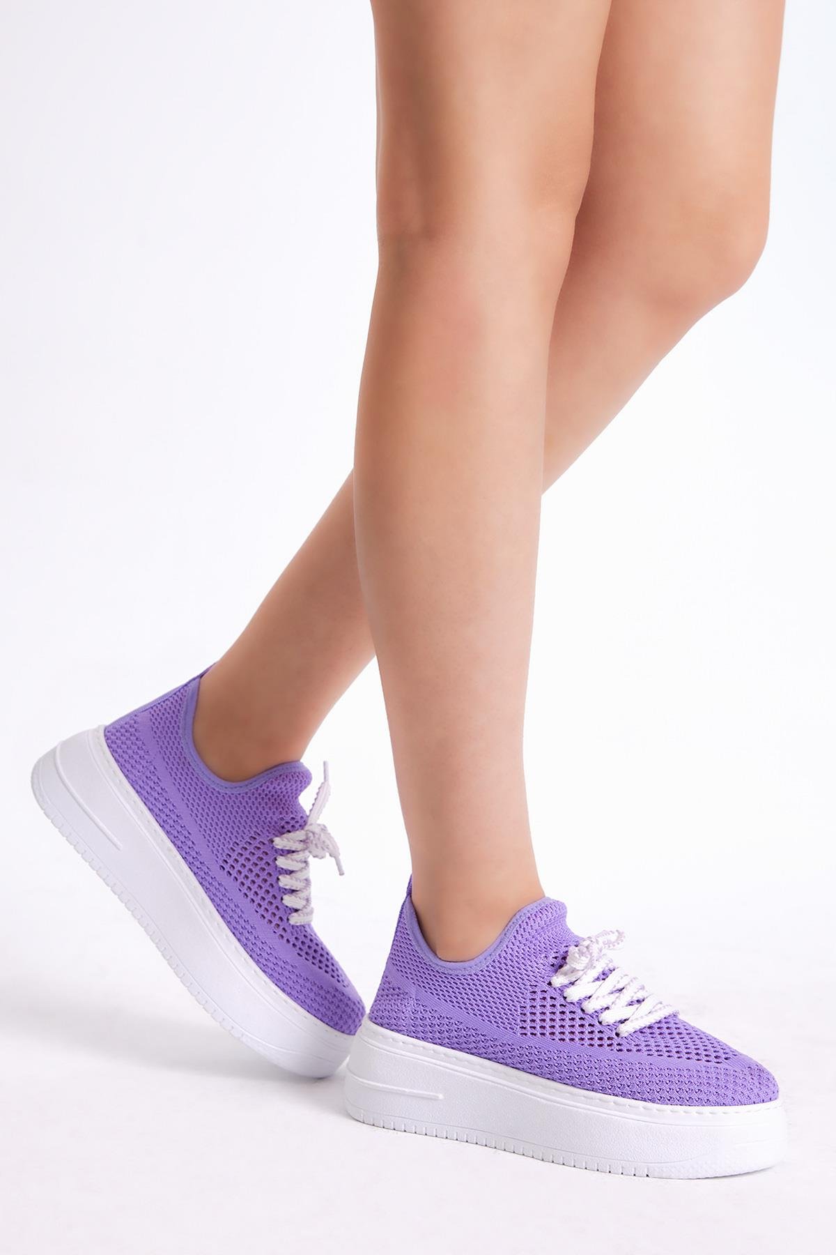 Kadın Lila Rahat Kalıp Yüksek Taban Bağcıklı Triko Sneaker
