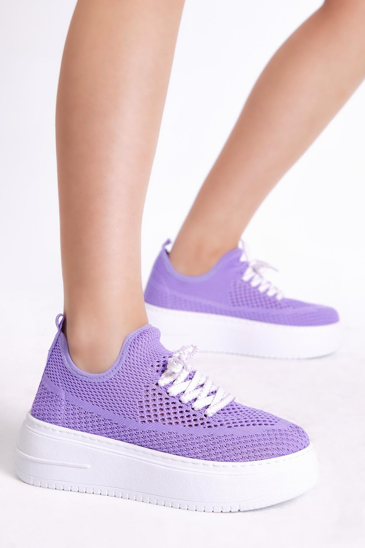 Kadın Lila Rahat Kalıp Yüksek Taban Bağcıklı Triko Sneaker