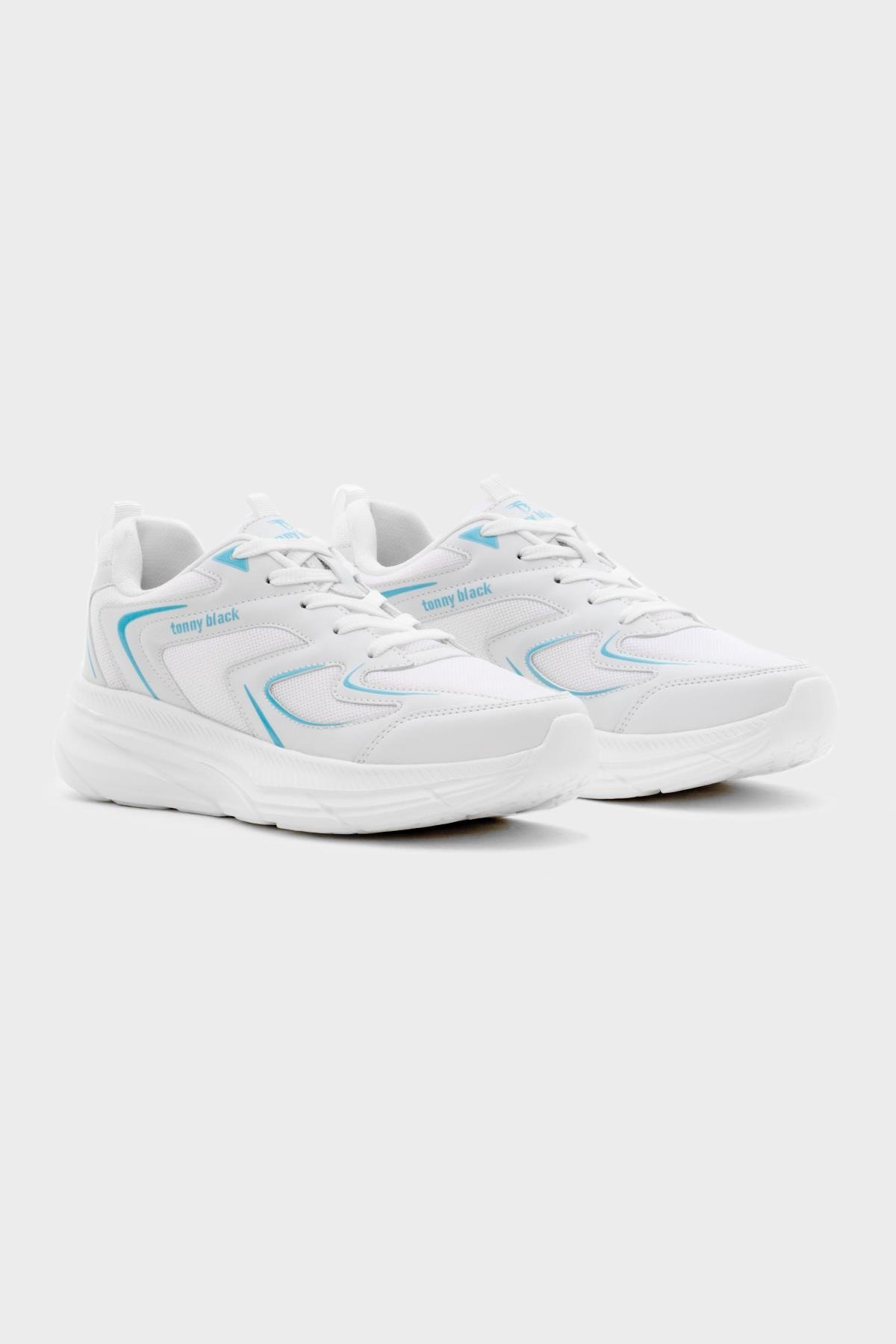 Nefes Alabilen Kumaş Faylon Taban Bağcıklı Unisex Beyaz Mavi Spor Ayakkabı TBALS015