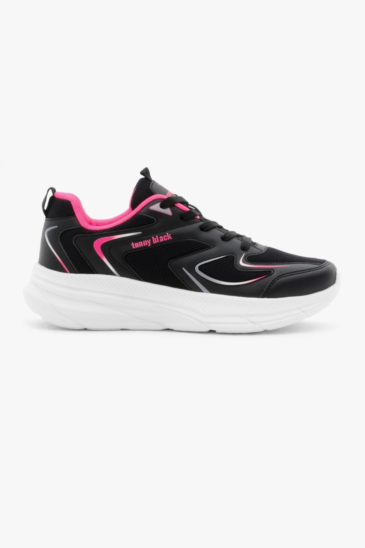 Nefes Alabilen Kumaş Faylon Taban Bağcıklı Unisex Siyah Fuşya Spor Ayakkabı TBALS015