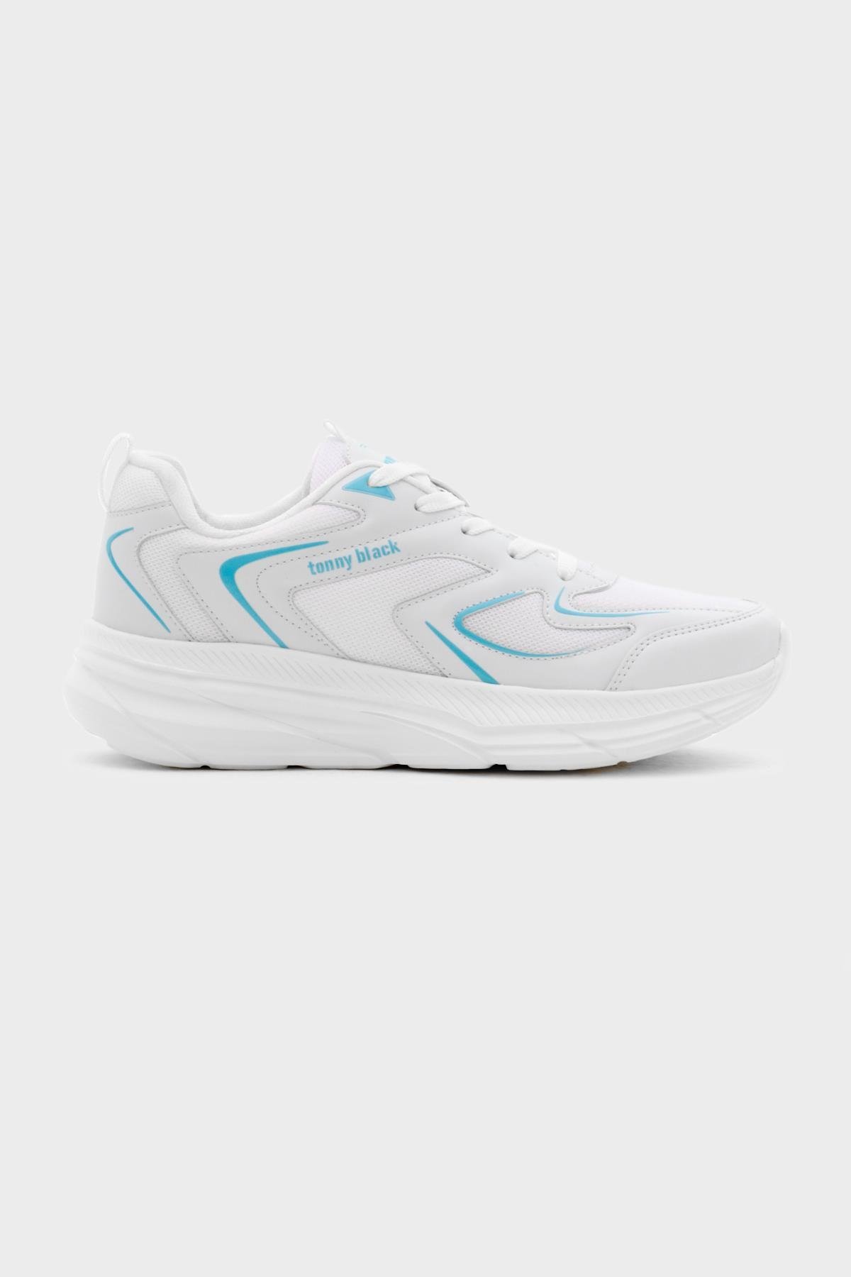 Nefes Alabilen Kumaş Faylon Taban Bağcıklı Unisex Beyaz Mavi Spor Ayakkabı TBALS015