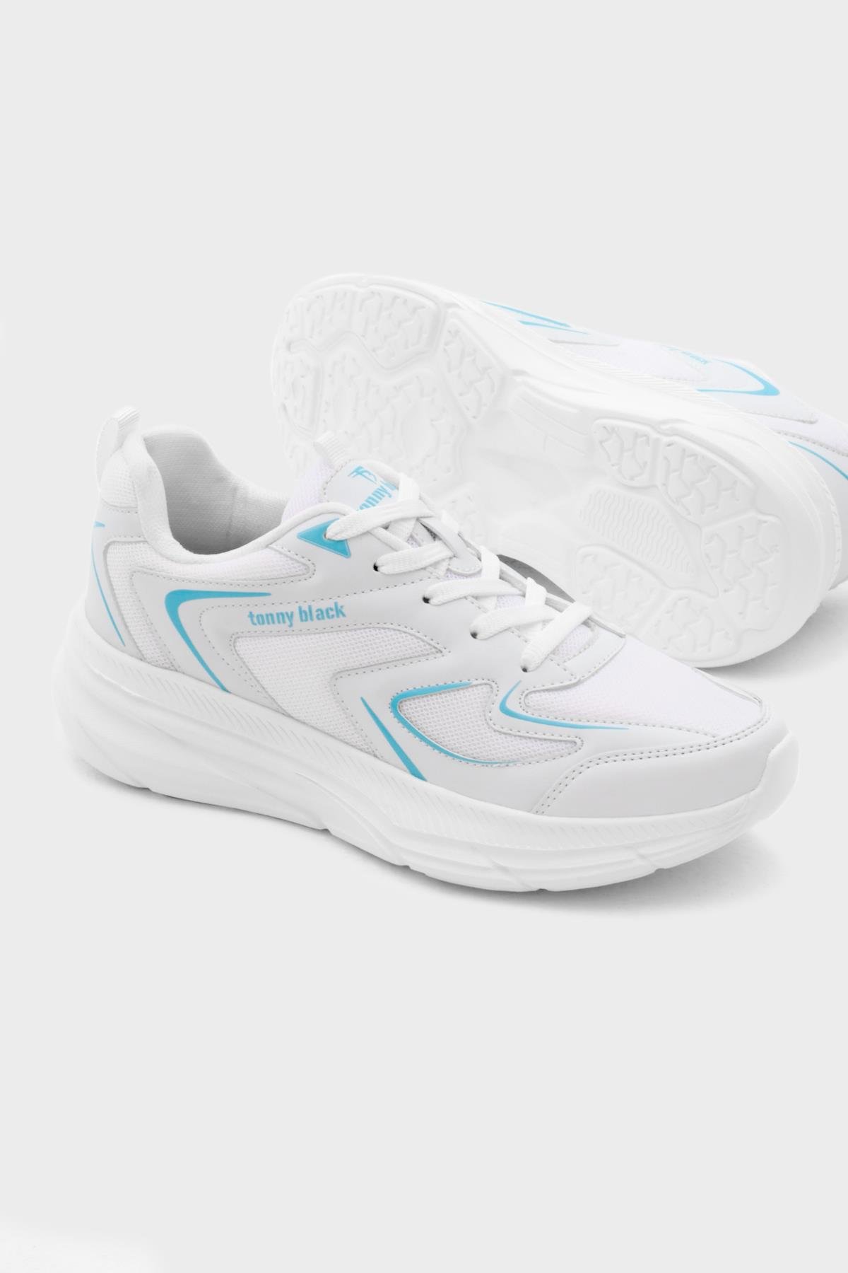 Nefes Alabilen Kumaş Faylon Taban Bağcıklı Unisex Beyaz Mavi Spor Ayakkabı TBALS015