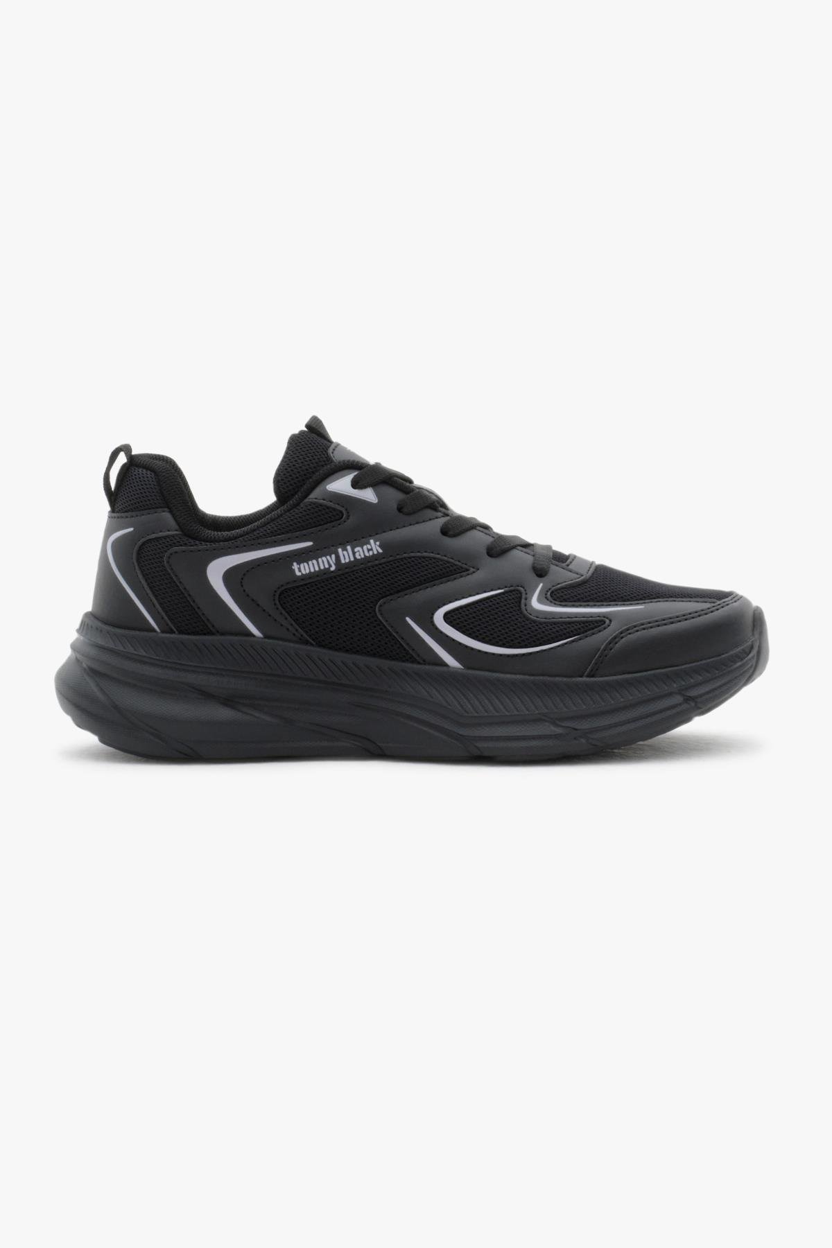 Nefes Alabilen Kumaş Faylon Taban Bağcıklı Unisex Siyah Spor Ayakkabı TBALS015