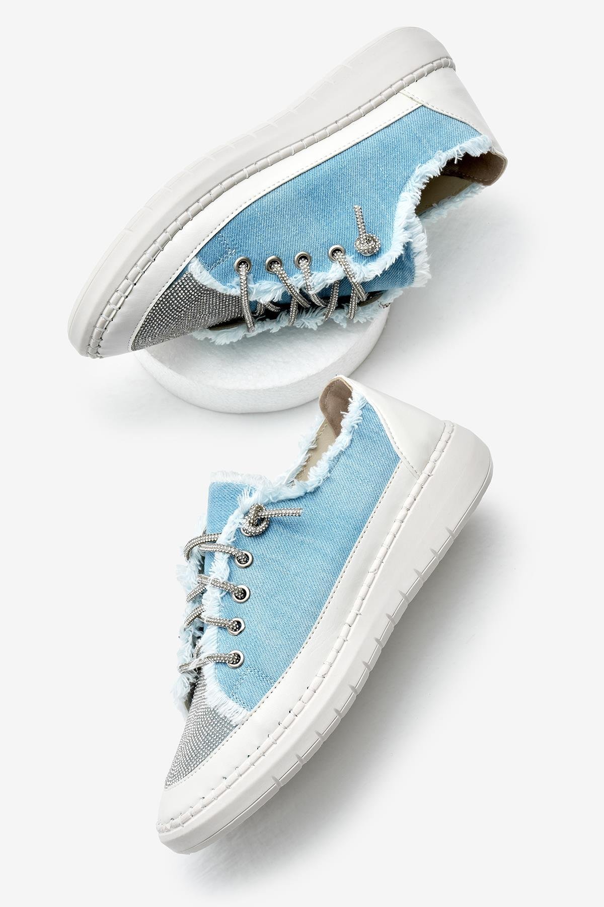 Poli Taban Denim Kumaş Taşlı Bağcıklı Kadın Bebe Mavisi Spor Ayakkabı TBFZLCMC070