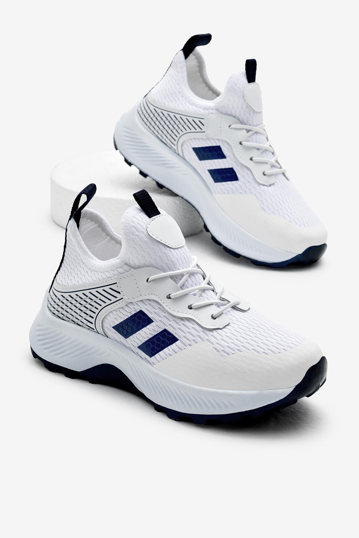 Rahat Kalıp Nefes Alabilen Kumaş Bağcıklı Çocuk Unisex Beyaz Mavi Spor Ayakkabı TBTMKD015