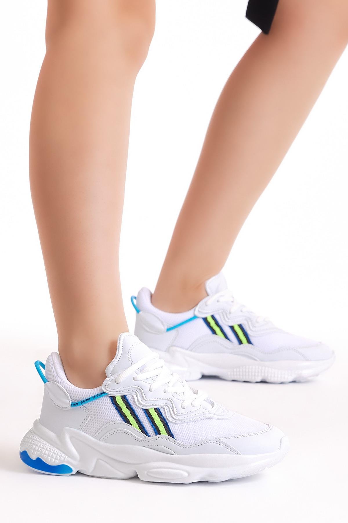 Rahat Kalıp Yüksek Taban Şeritli Bağcıklı Unisex Beyaz Spor Ayakkabı TB248-0