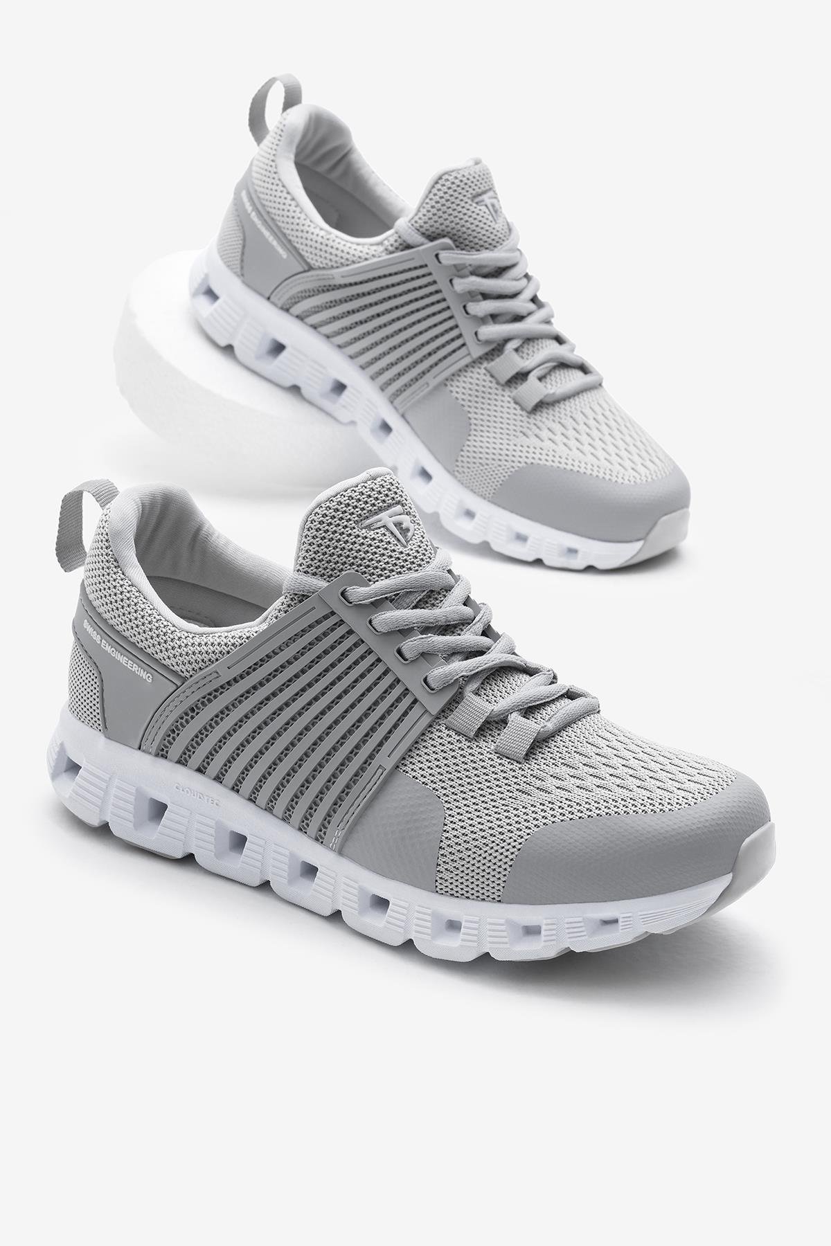 Tasarım Termo Taban Şeritli Nefes Alabilen Kumaş Bağcıklı Unisex Gri Spor Ayakkabı TBAQN